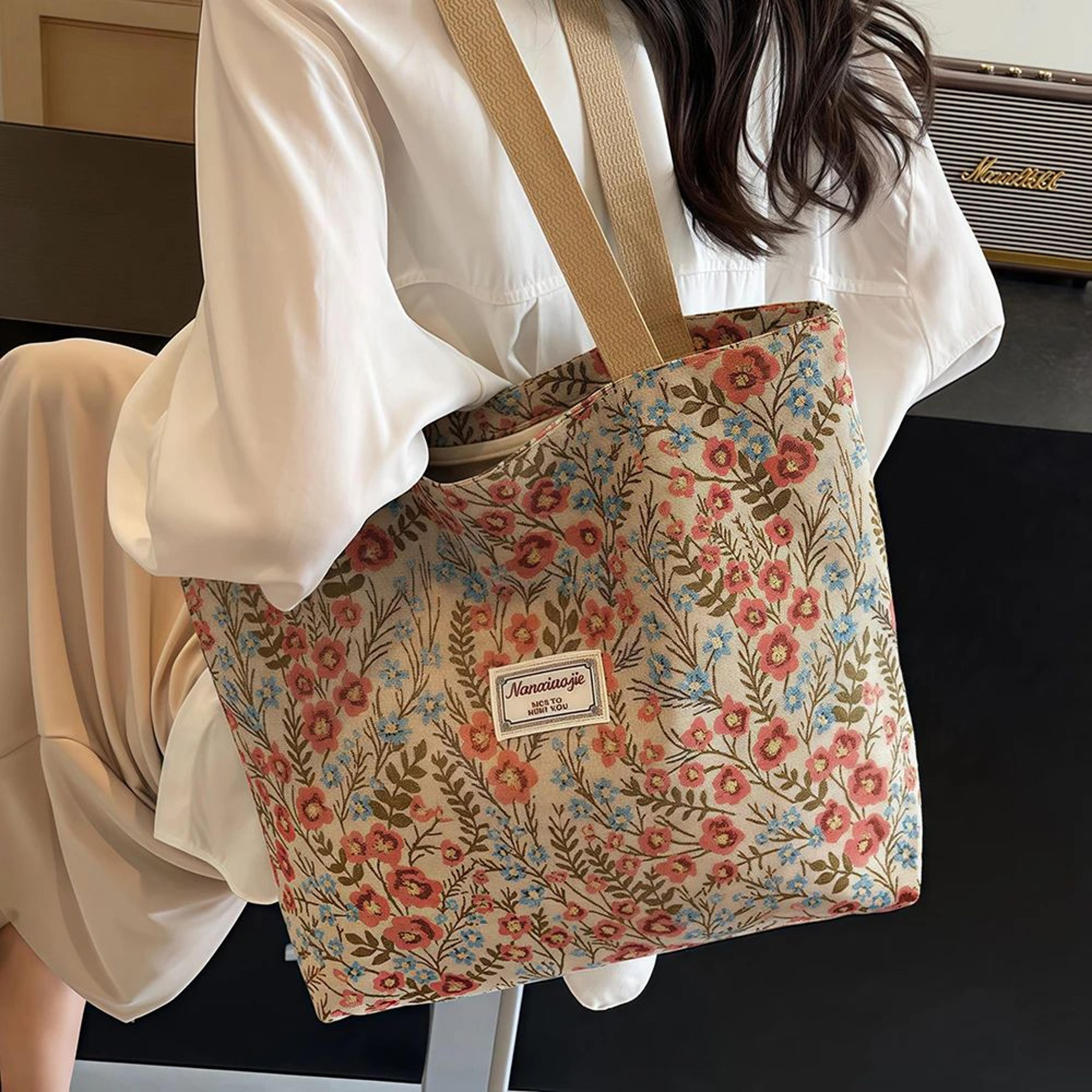 floral canvas shoulder tote bag