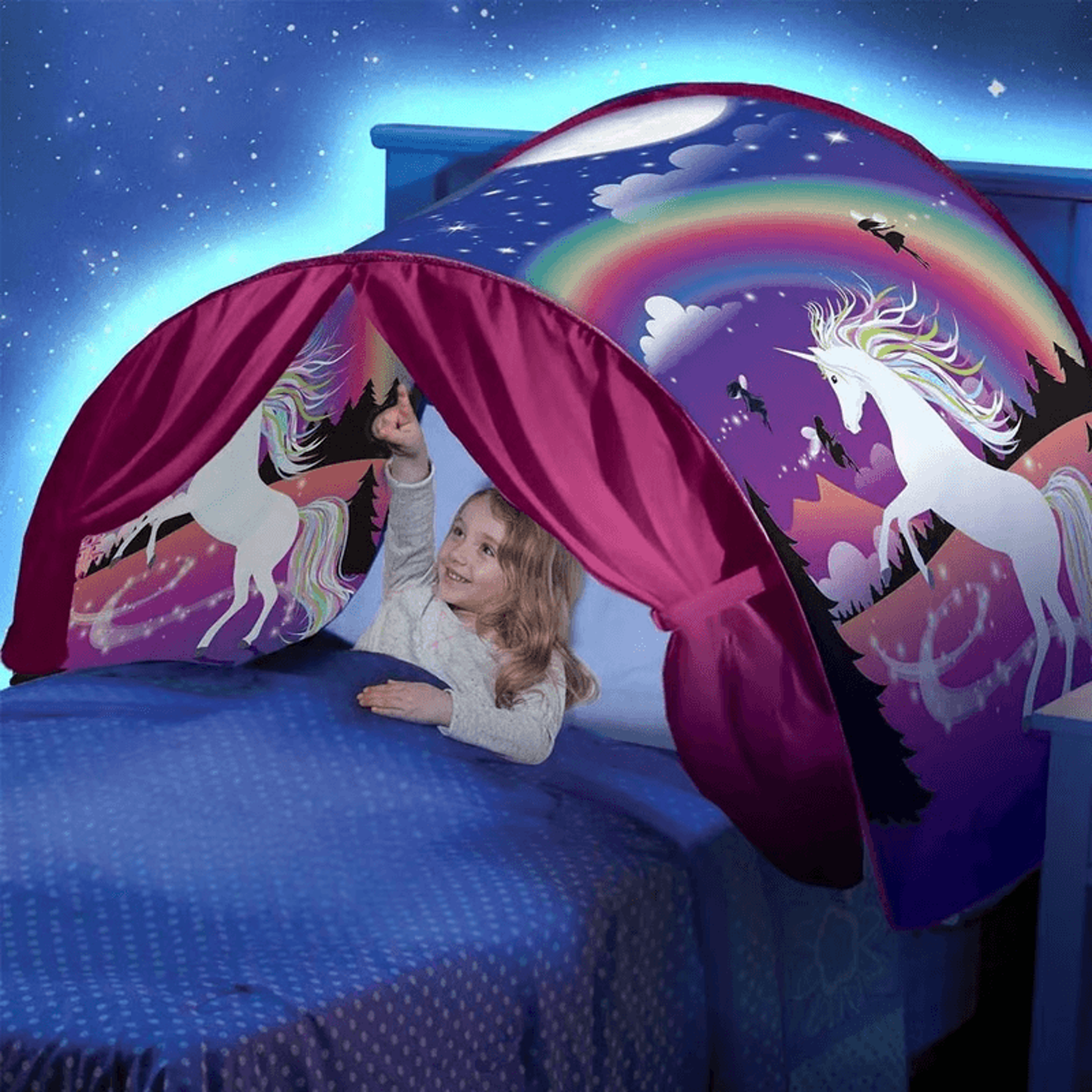 dream tent for kids bed with light projector & pocket – calm, private sleep cocoon