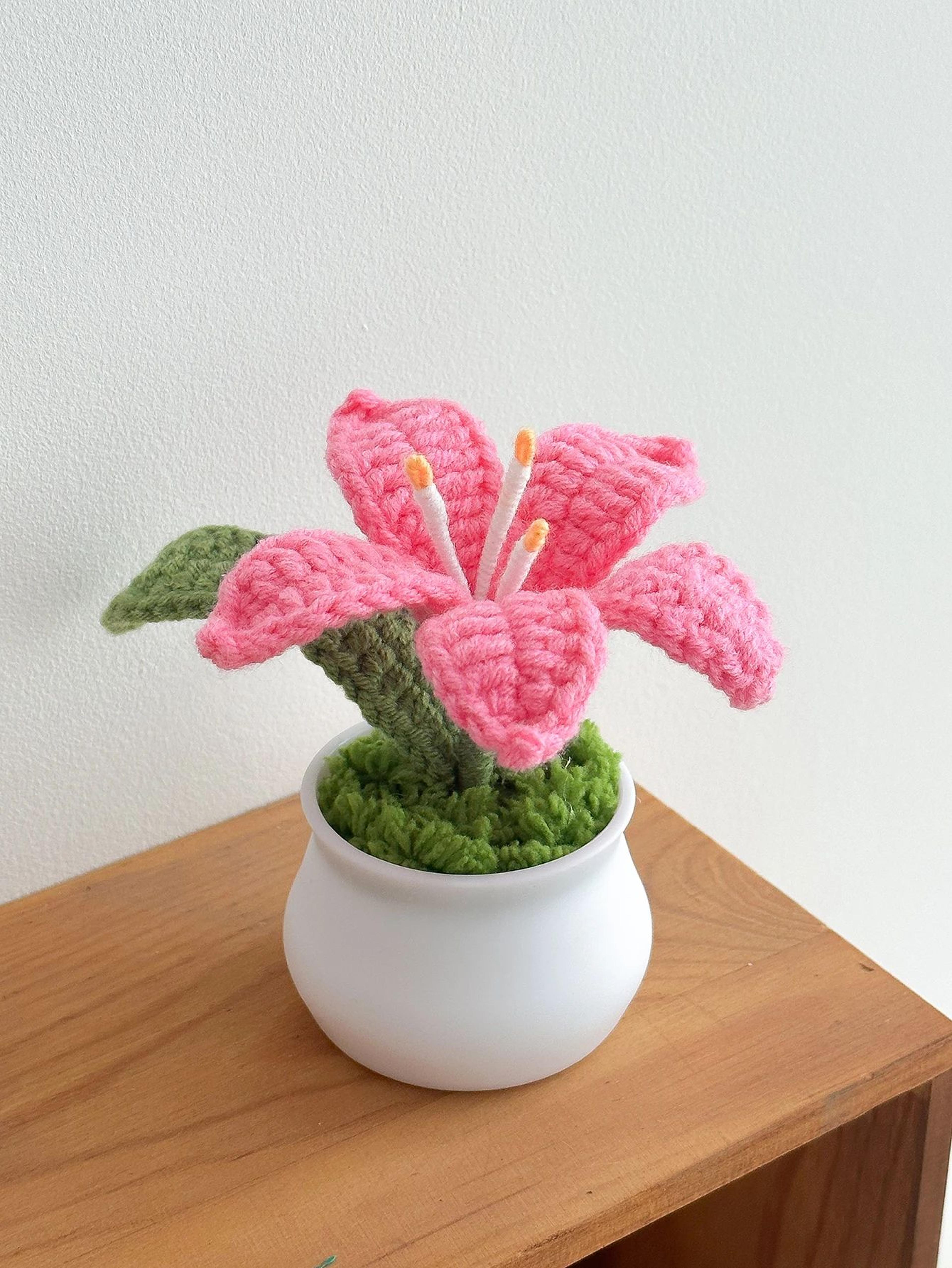 hand knitted lily flower pot decor