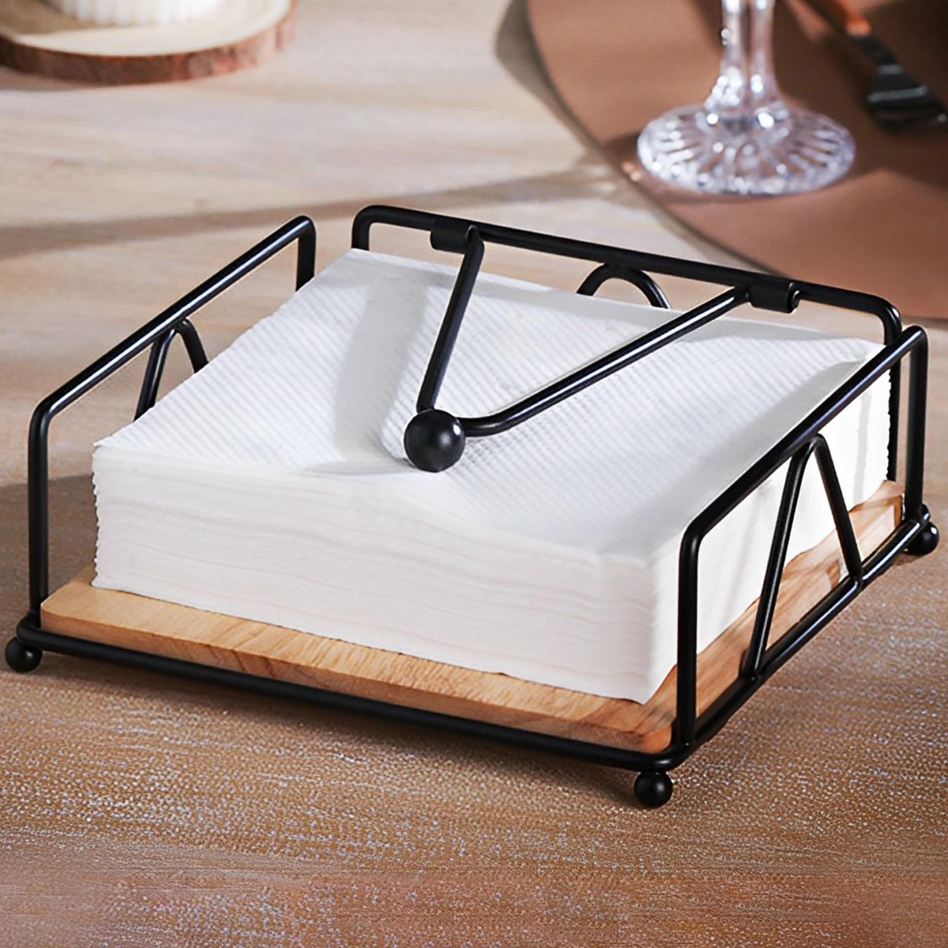 iron napkin holder with wooden base