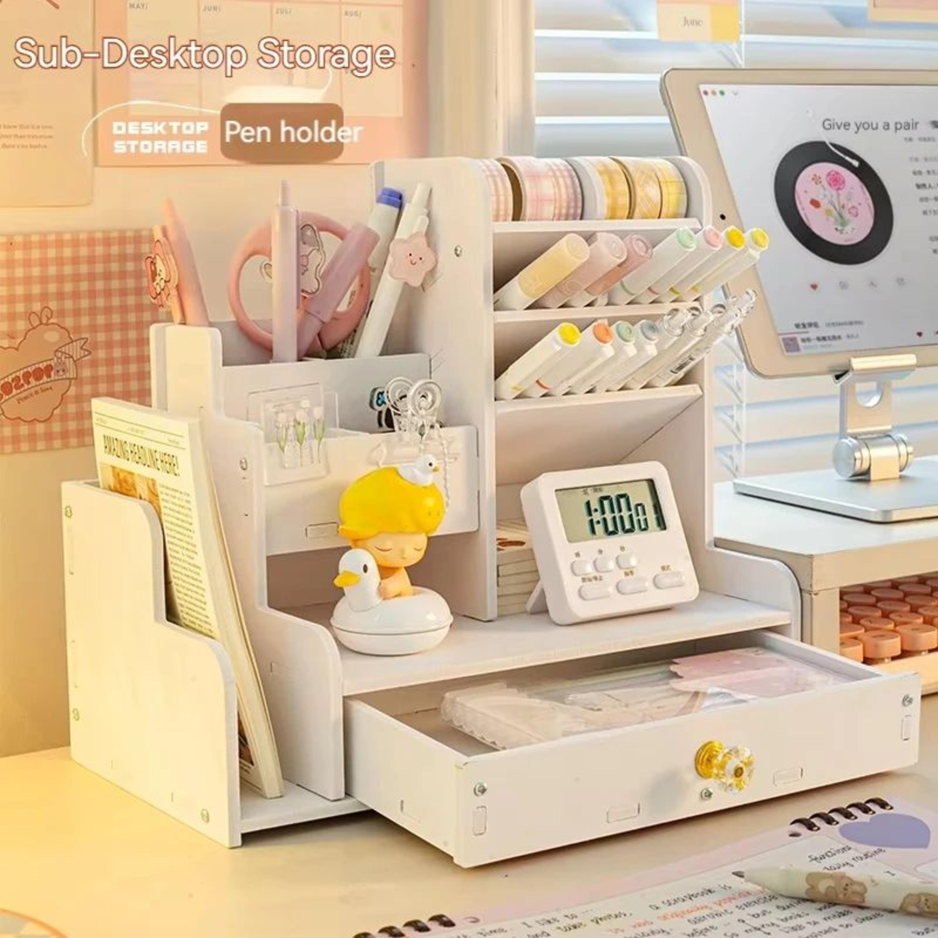 wooden desktop pen and stationery organizer with multi-shelves