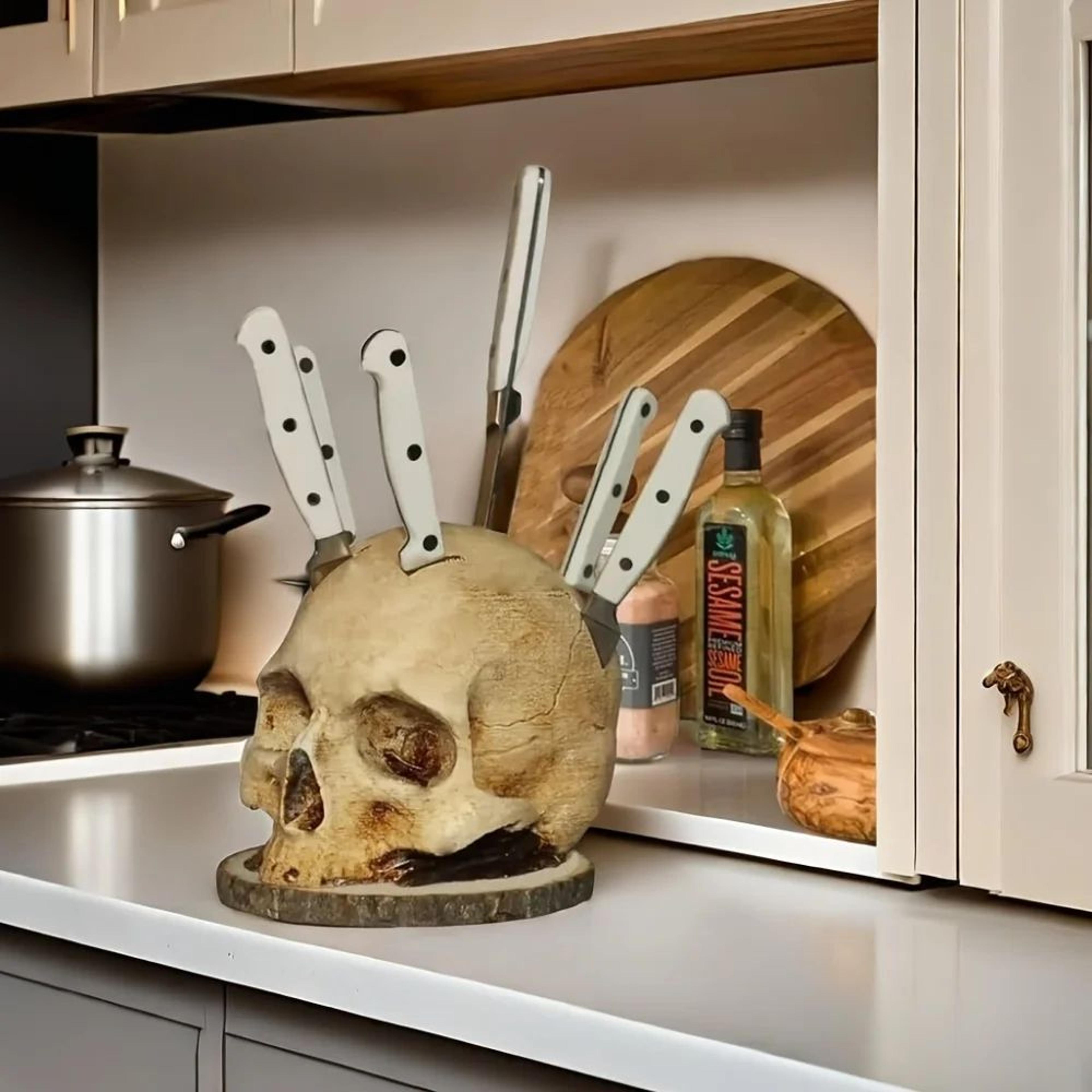 skull skeleton kitchen knife holder stand