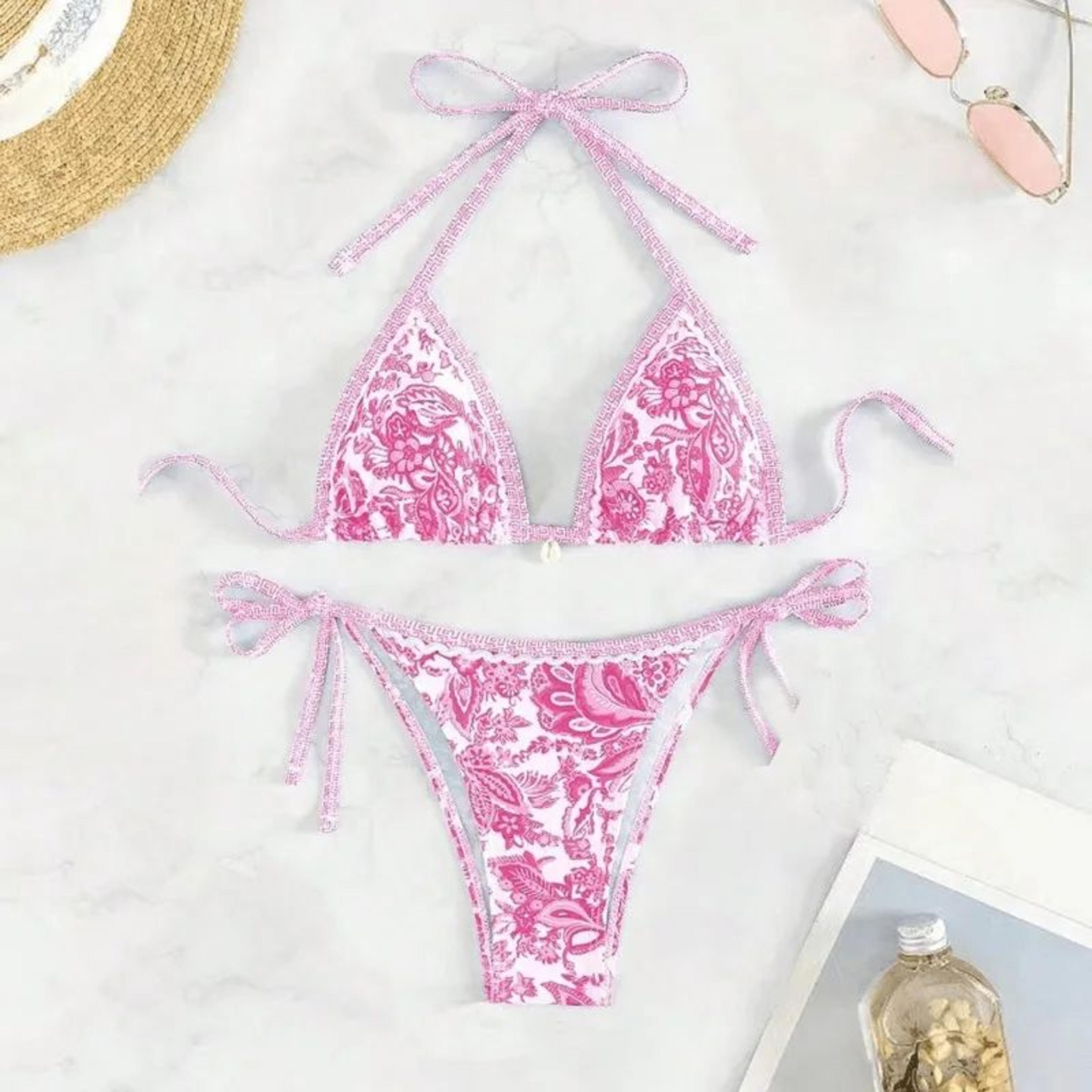 european american printed split bikini set sexy strap swimsuit