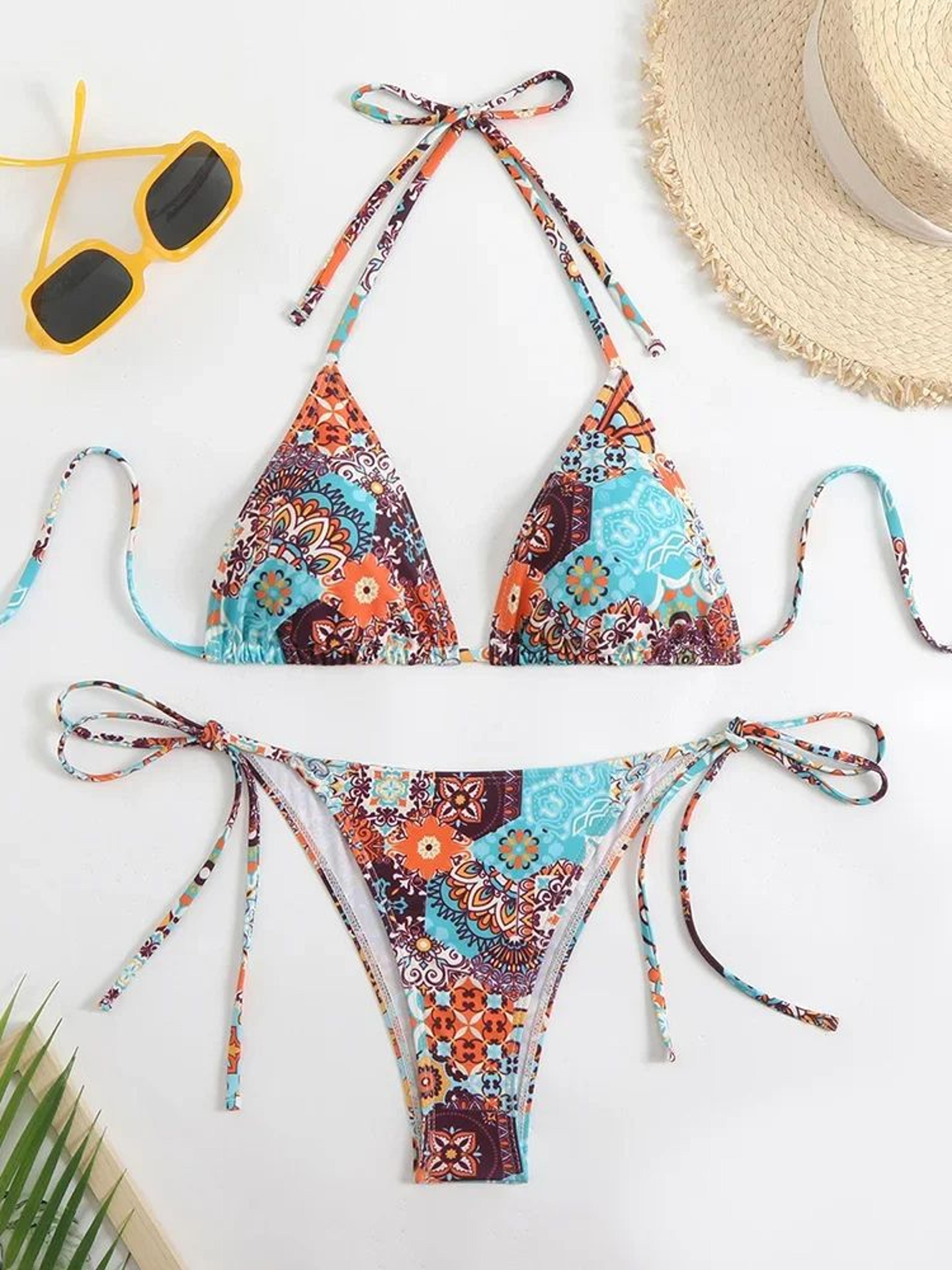 circyy floral print lace-up backless bikini set for women