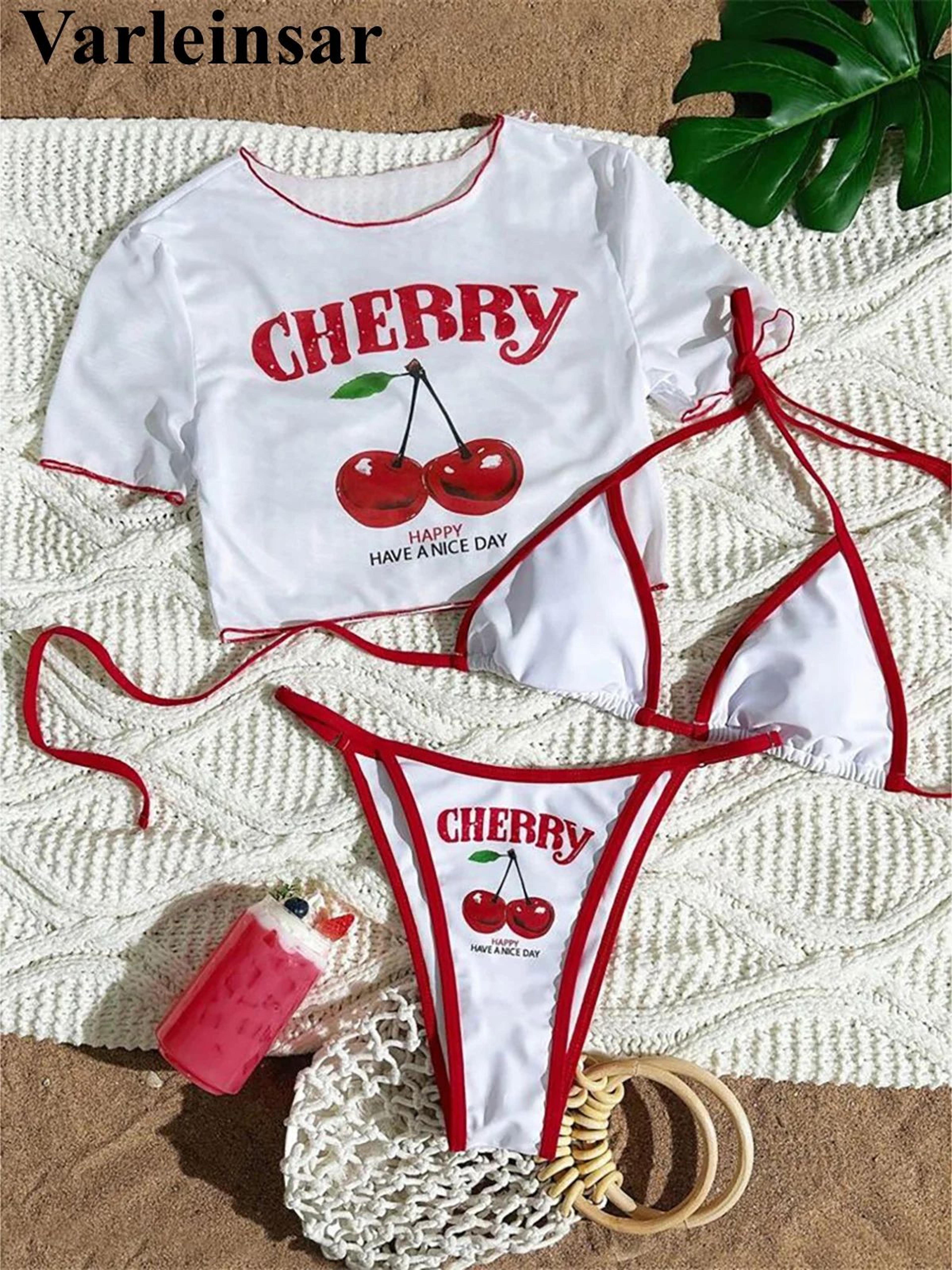 cherry print three piece bikini set