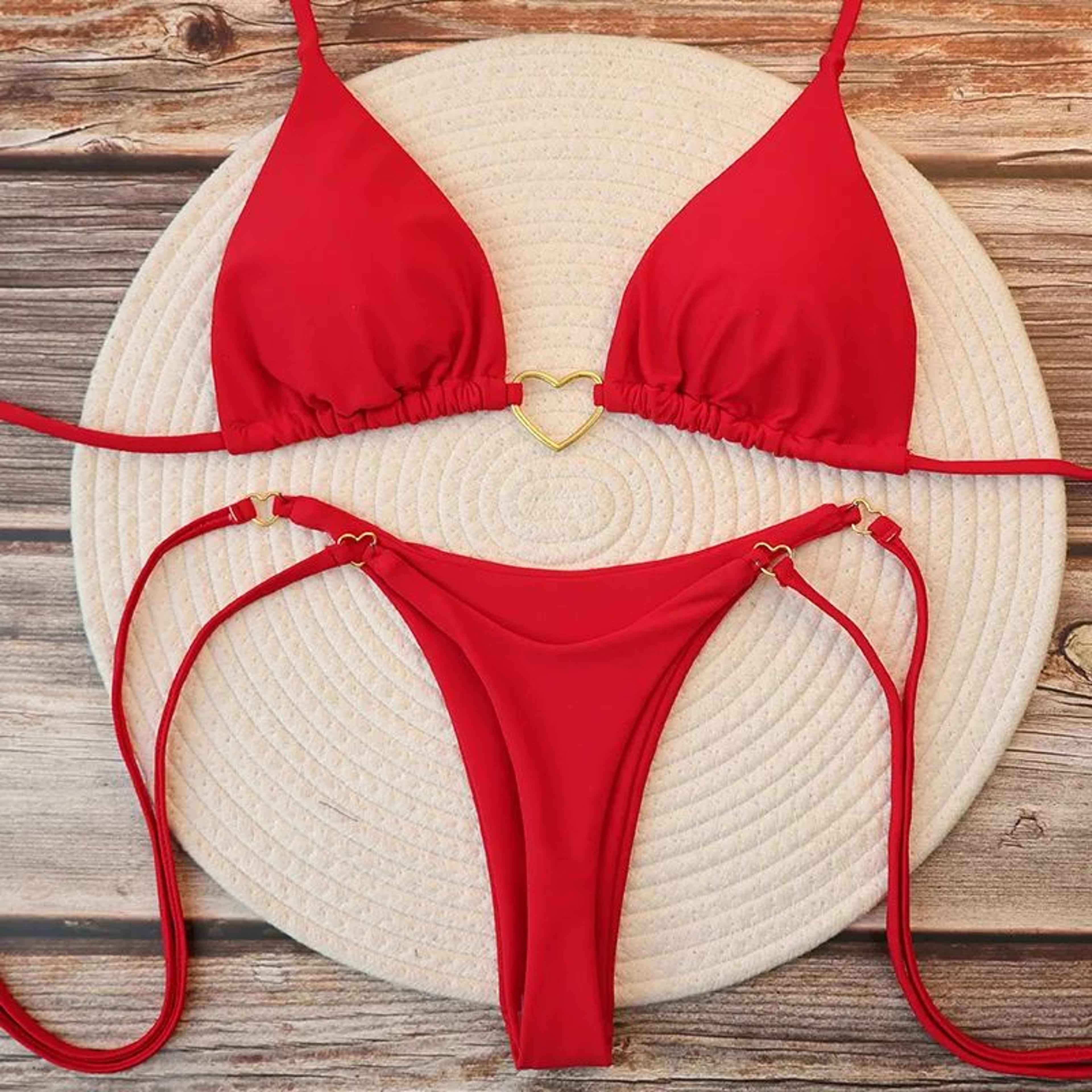 heart print brazilian halter bikini set