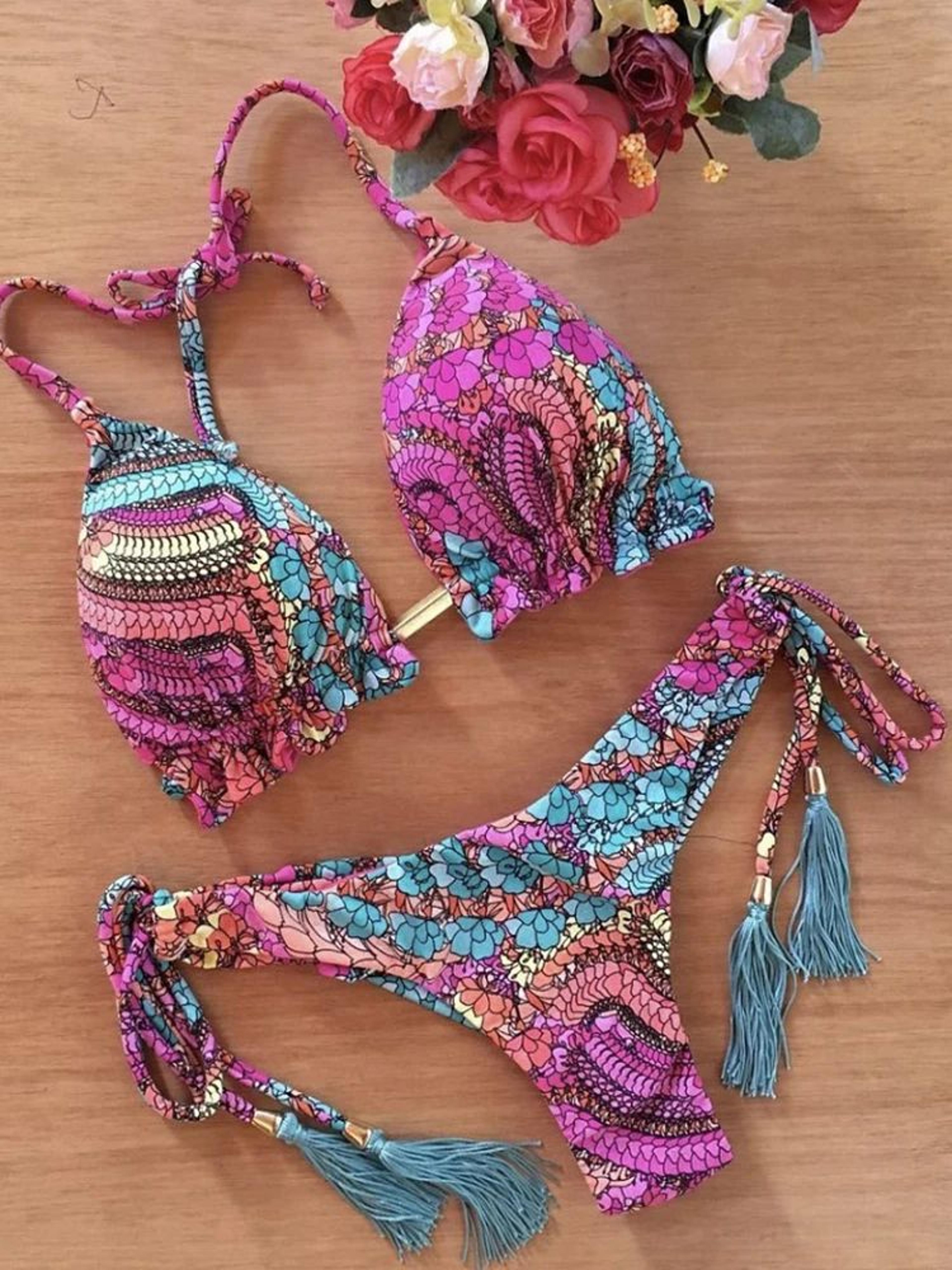 floral print push up string bikini set