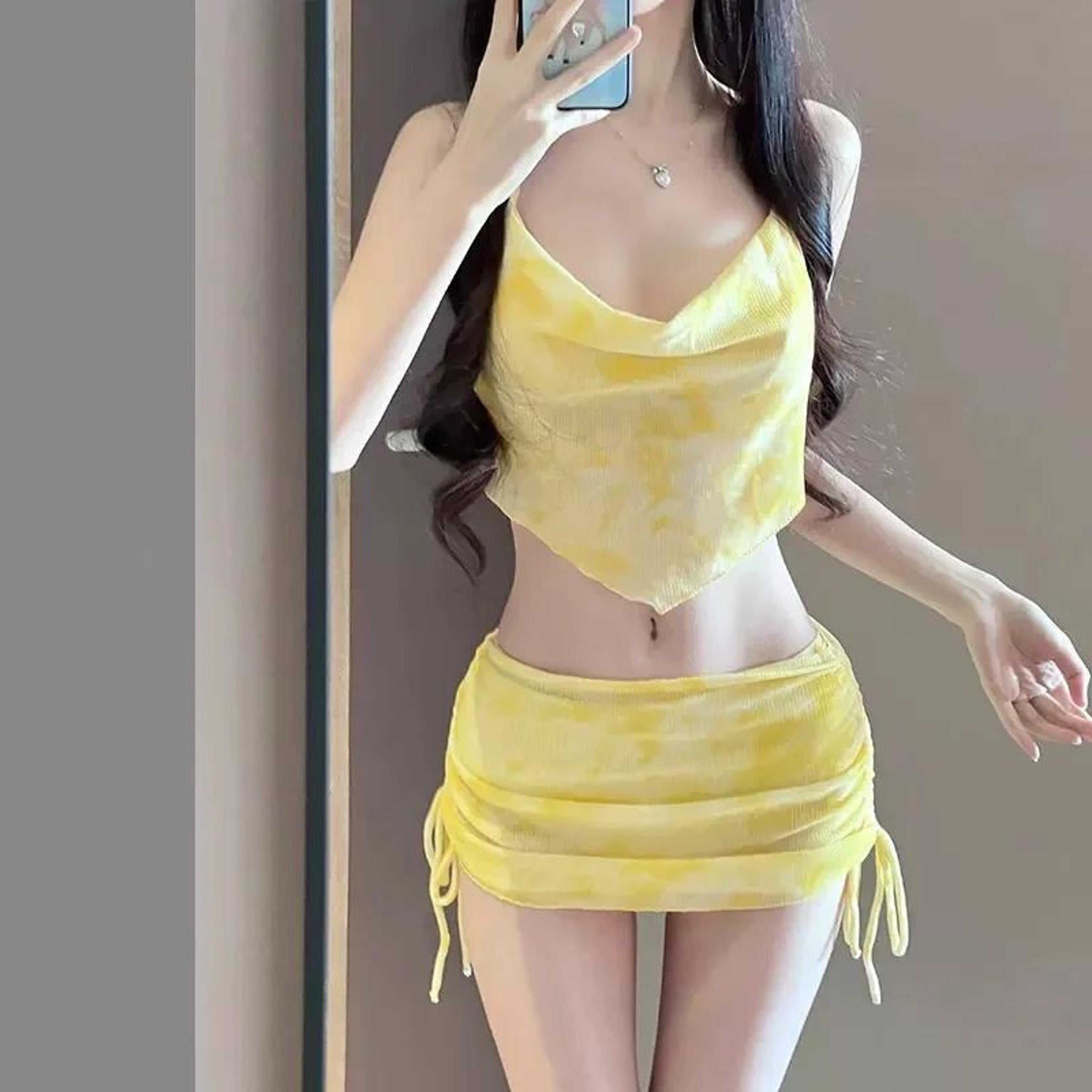 slimming three piece bikini set with wrap skirt