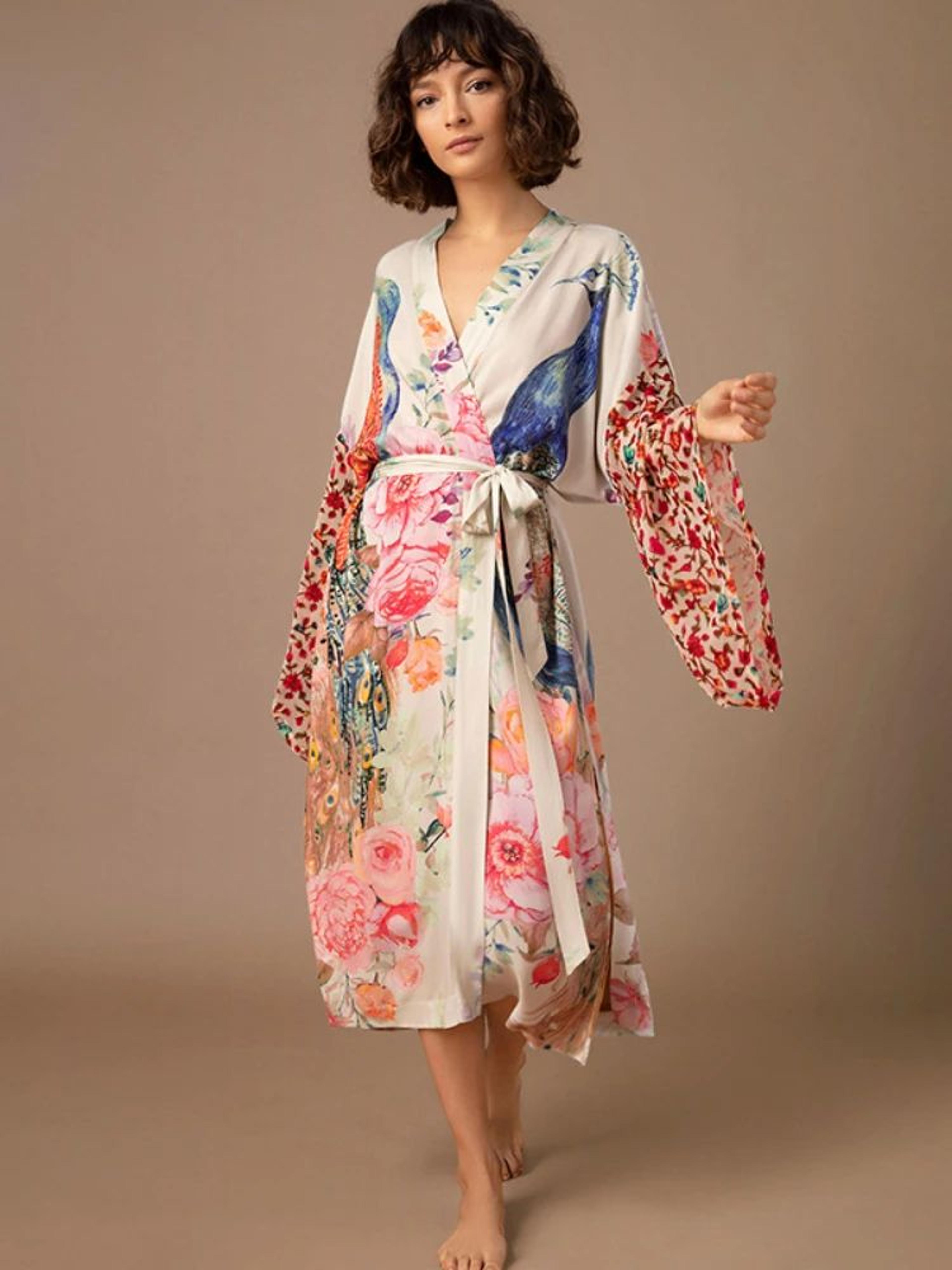 peacock print belted beach kimono cover up