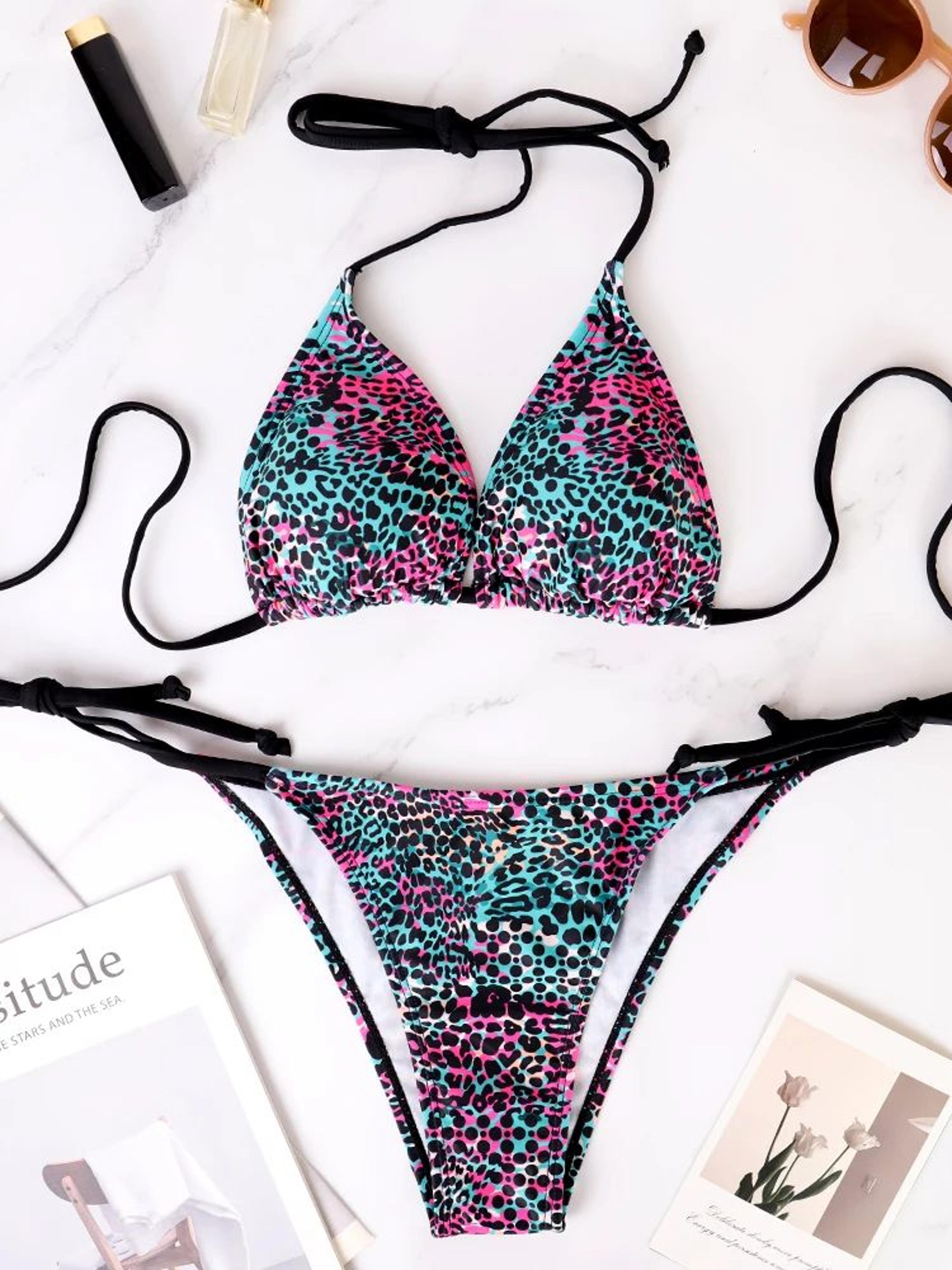 colorful polka dot lace up bikini set