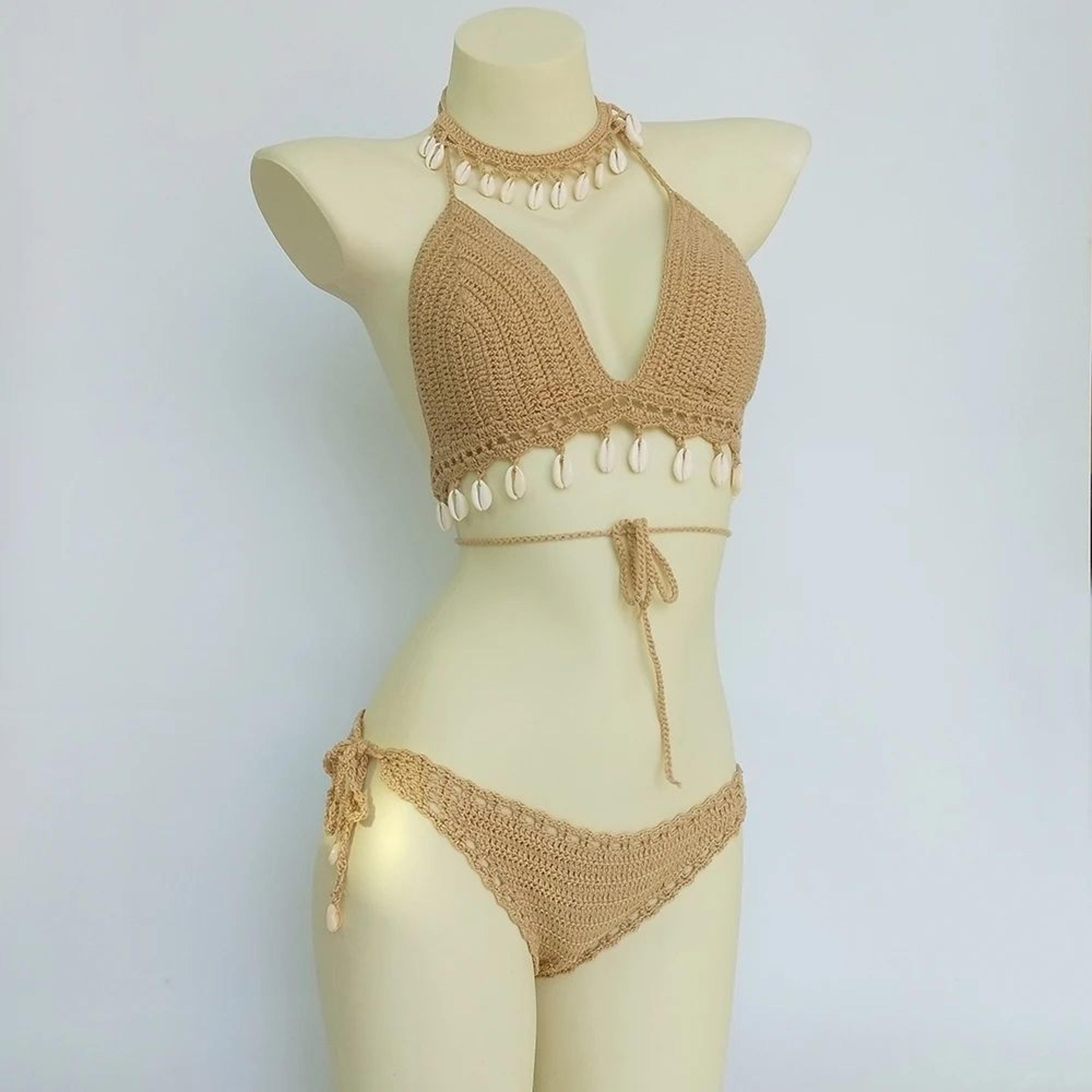 crochet shell tassel three piece bikini set
