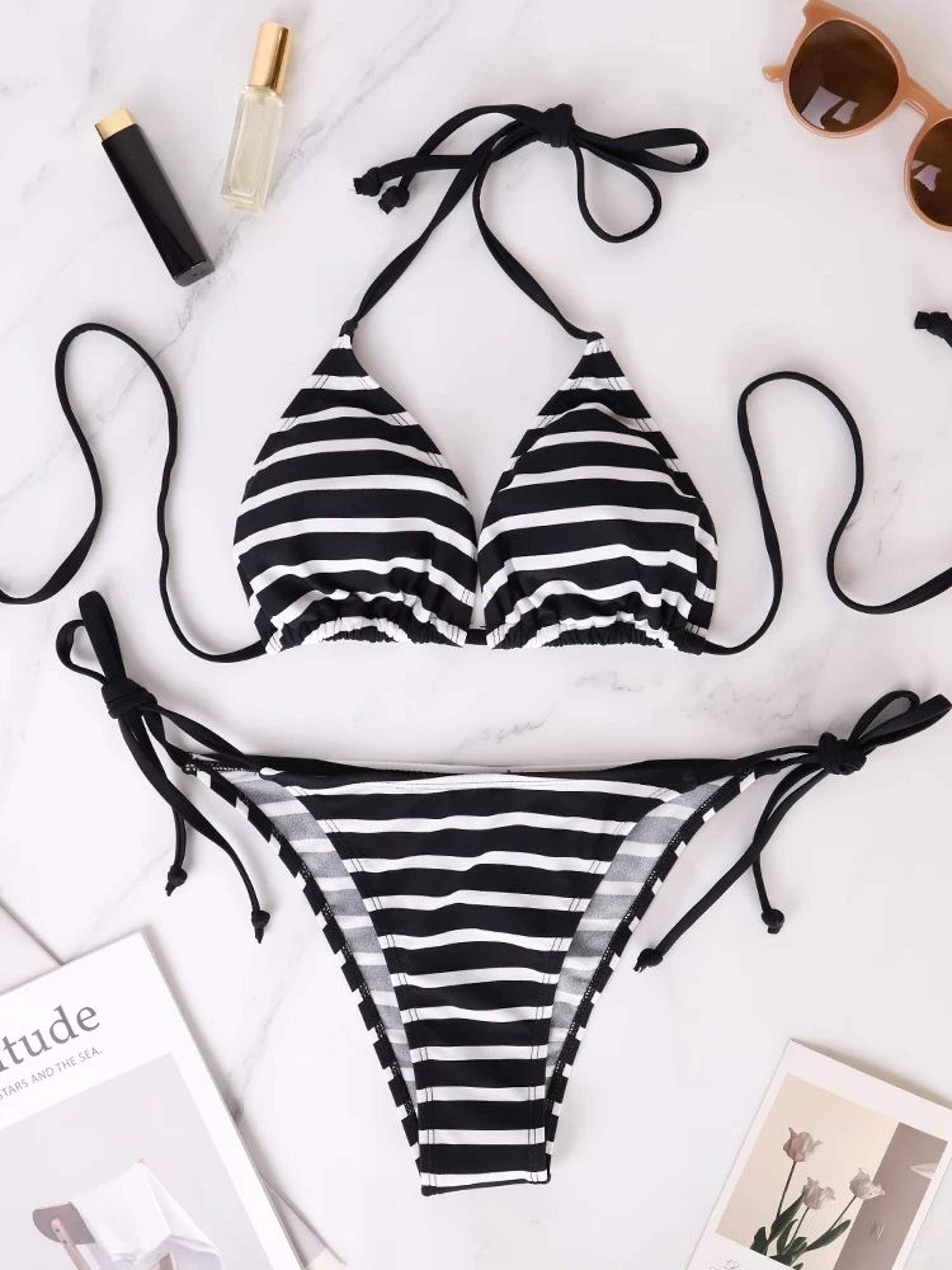 black and white striped triangle bikini set