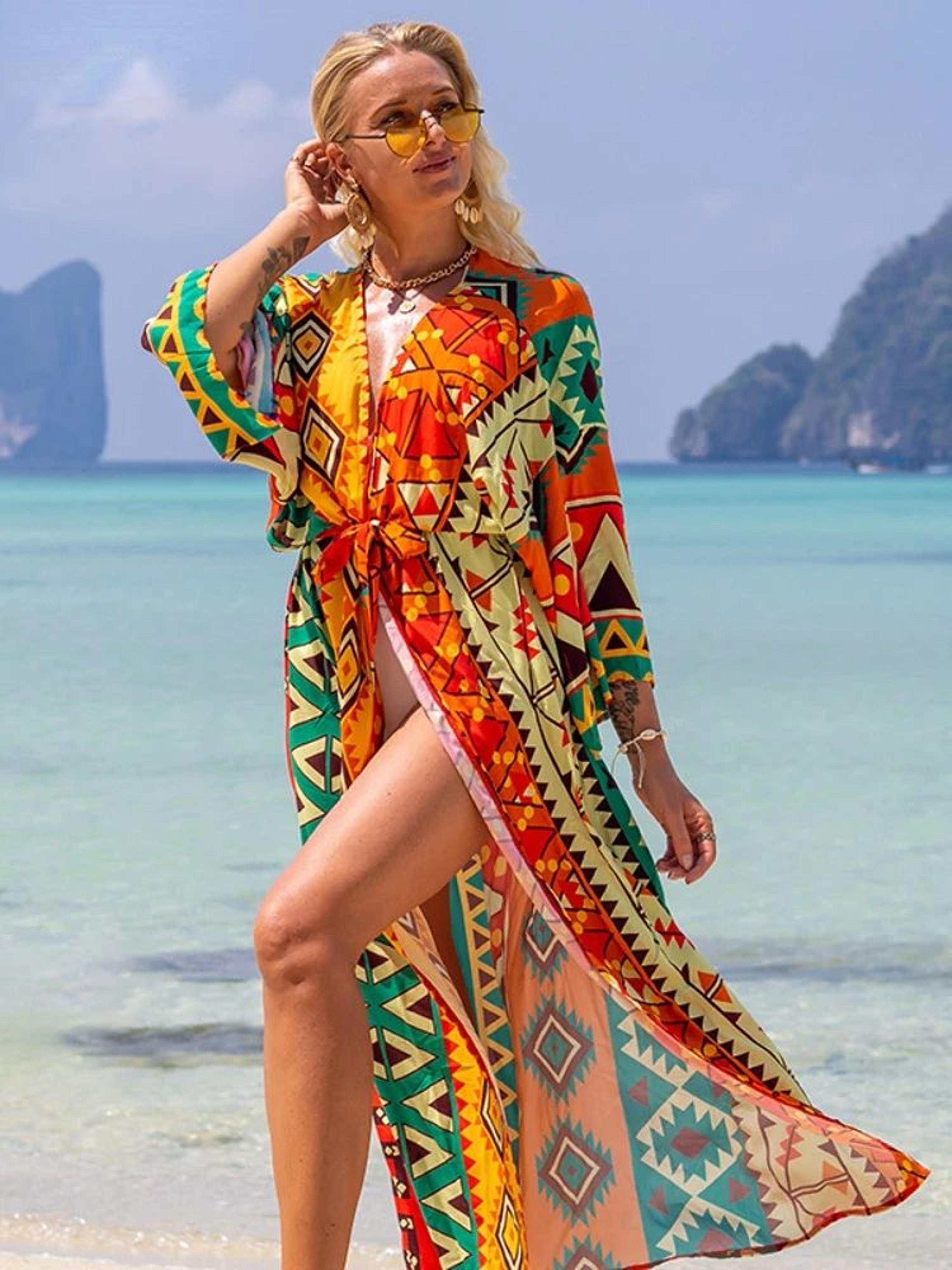 boho printed long kimono beach cover up