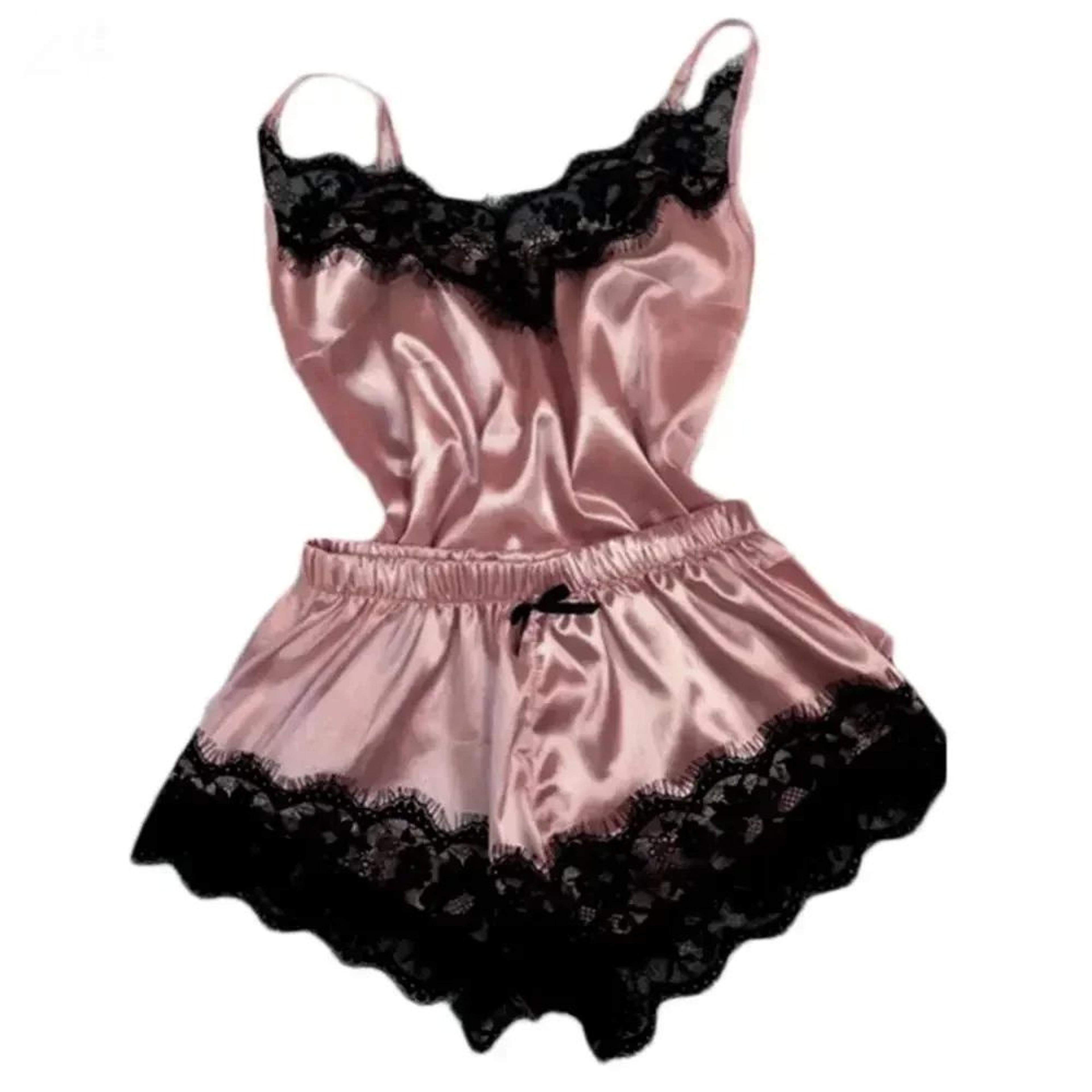 women satin lace sleepwear set with v-neck cami top and shorts