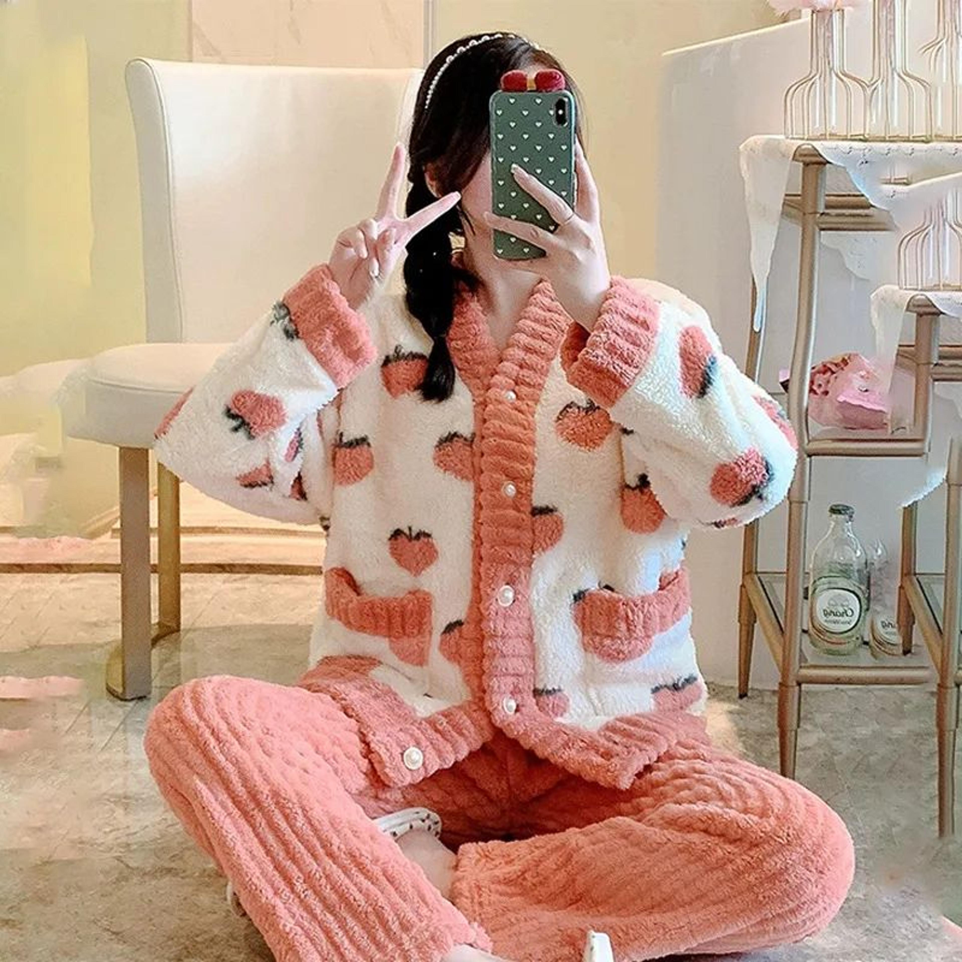 women winter thick warm coral velvet pajama set