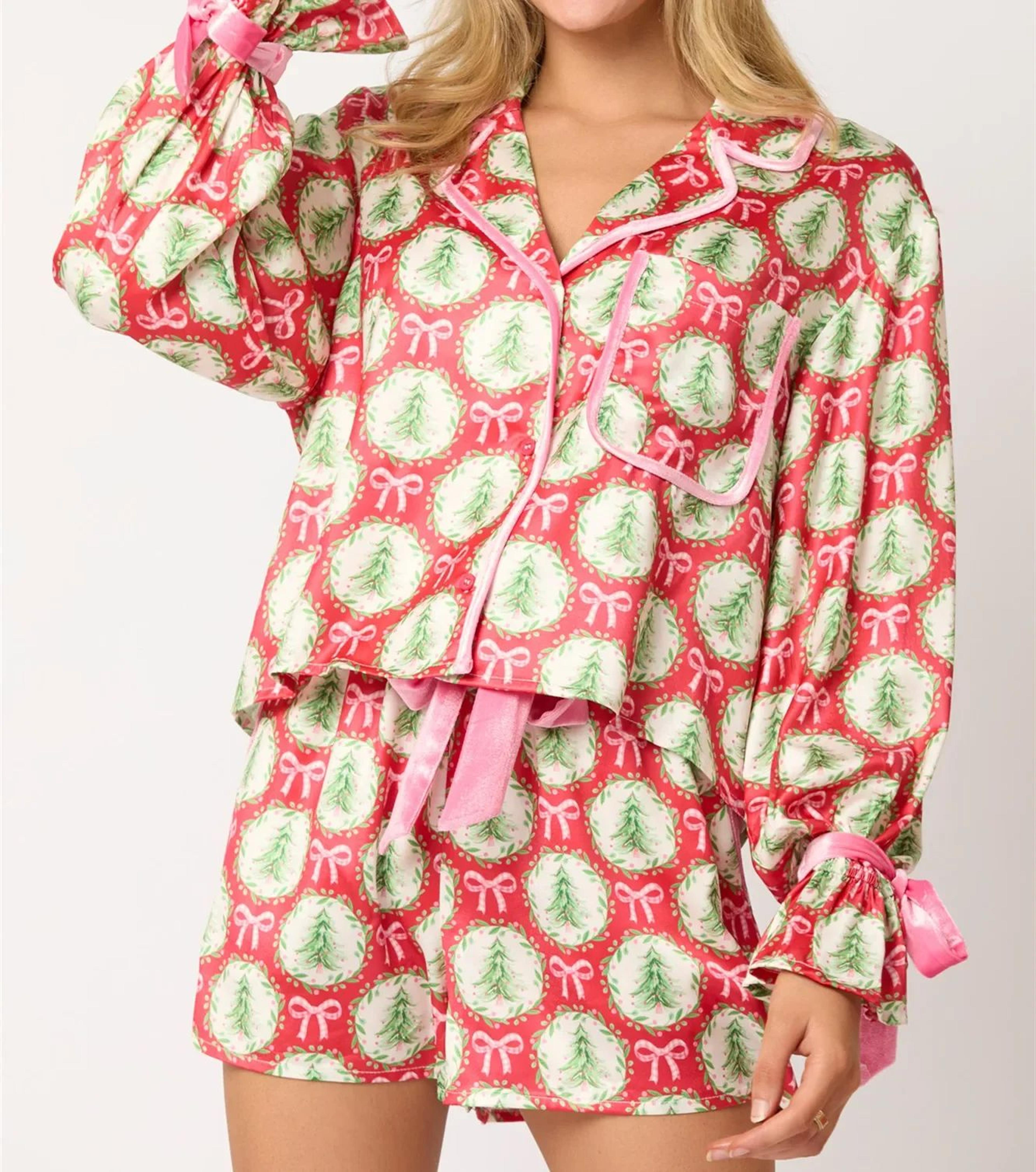 women christmas satin pajama set with long sleeve top and shorts