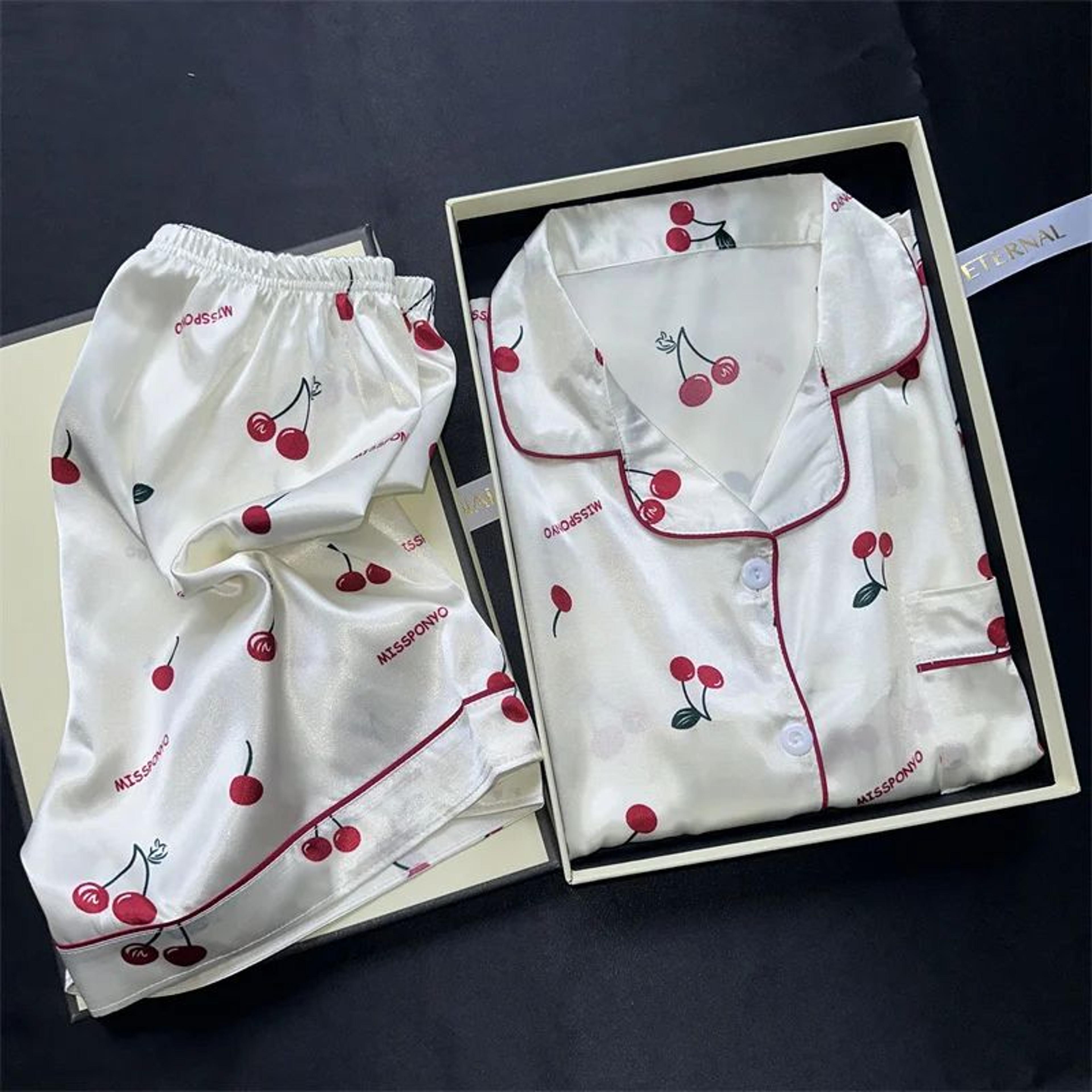 women cherry print satin style pajama set with top and shorts