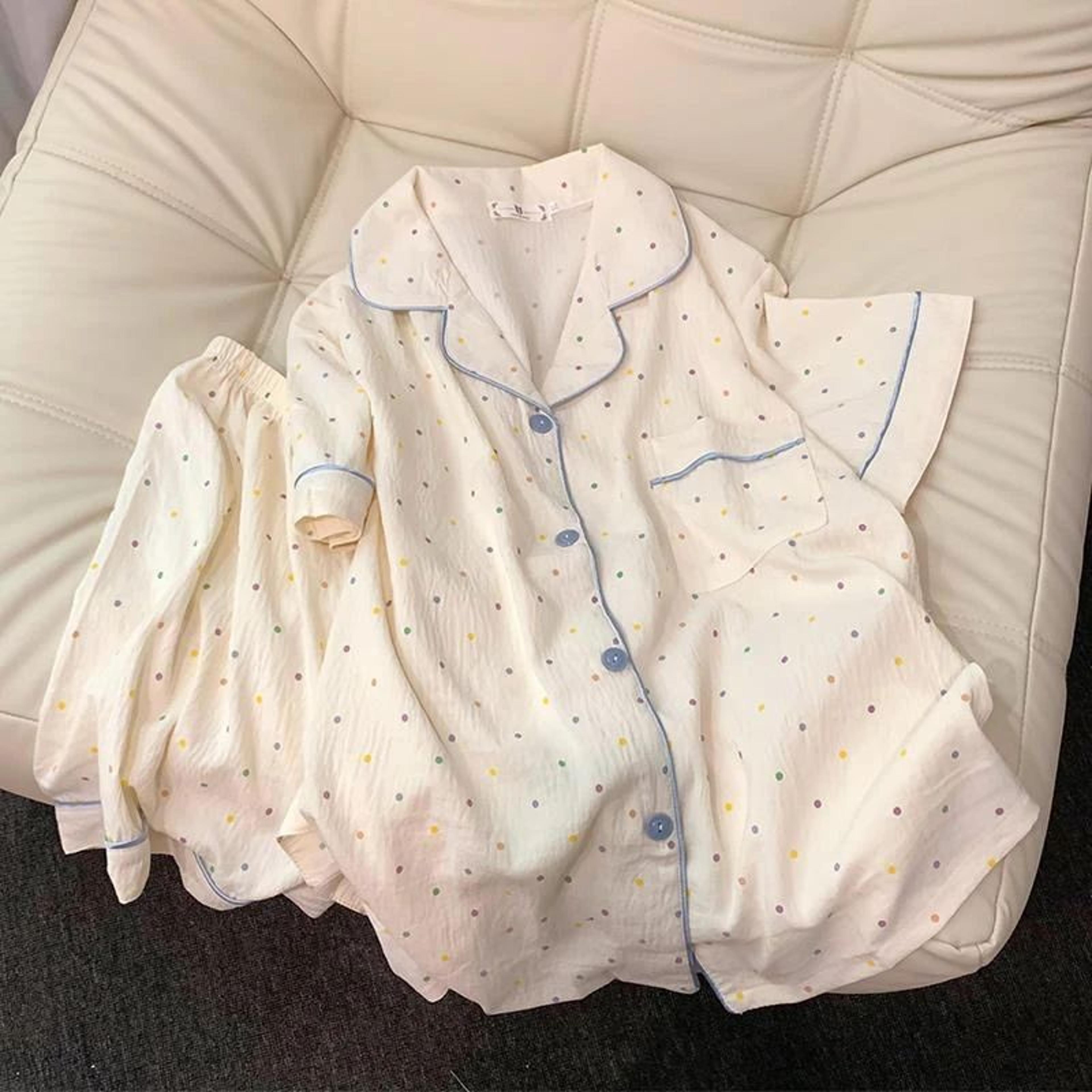 women polka dot cotton pajama set with top and shorts