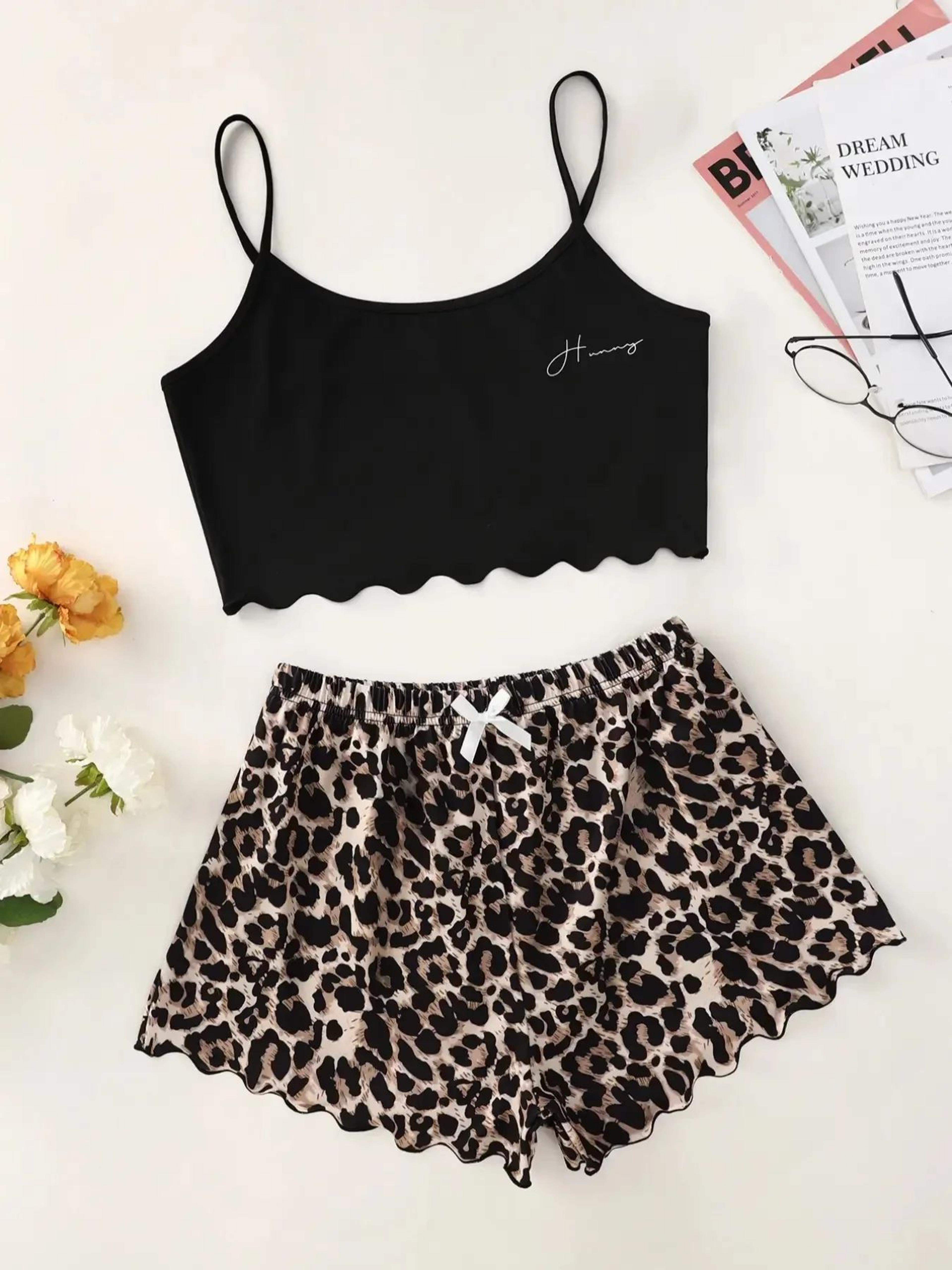women leopard print v neck cami and shorts pajama set