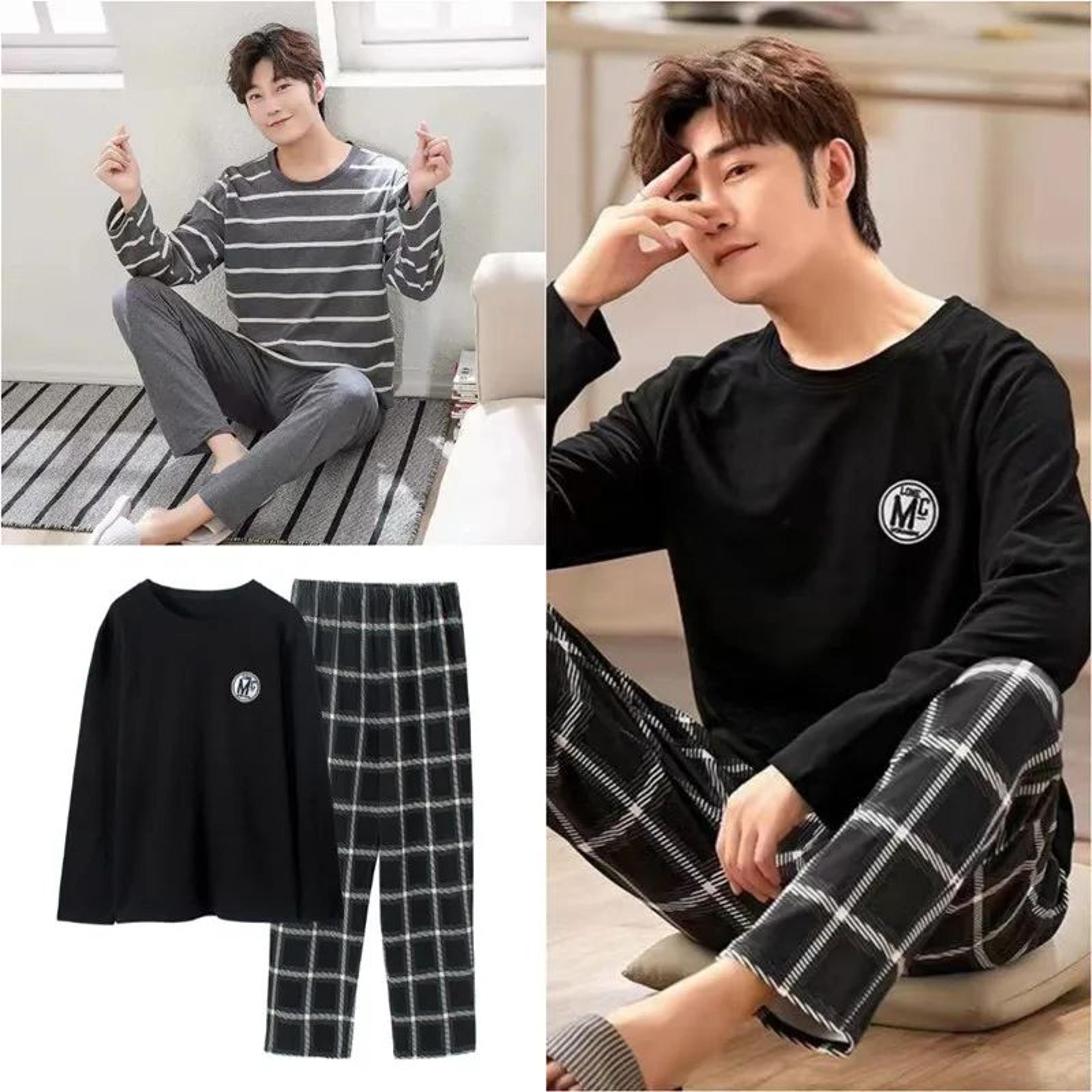 men striped long sleeve pajama set spring winter