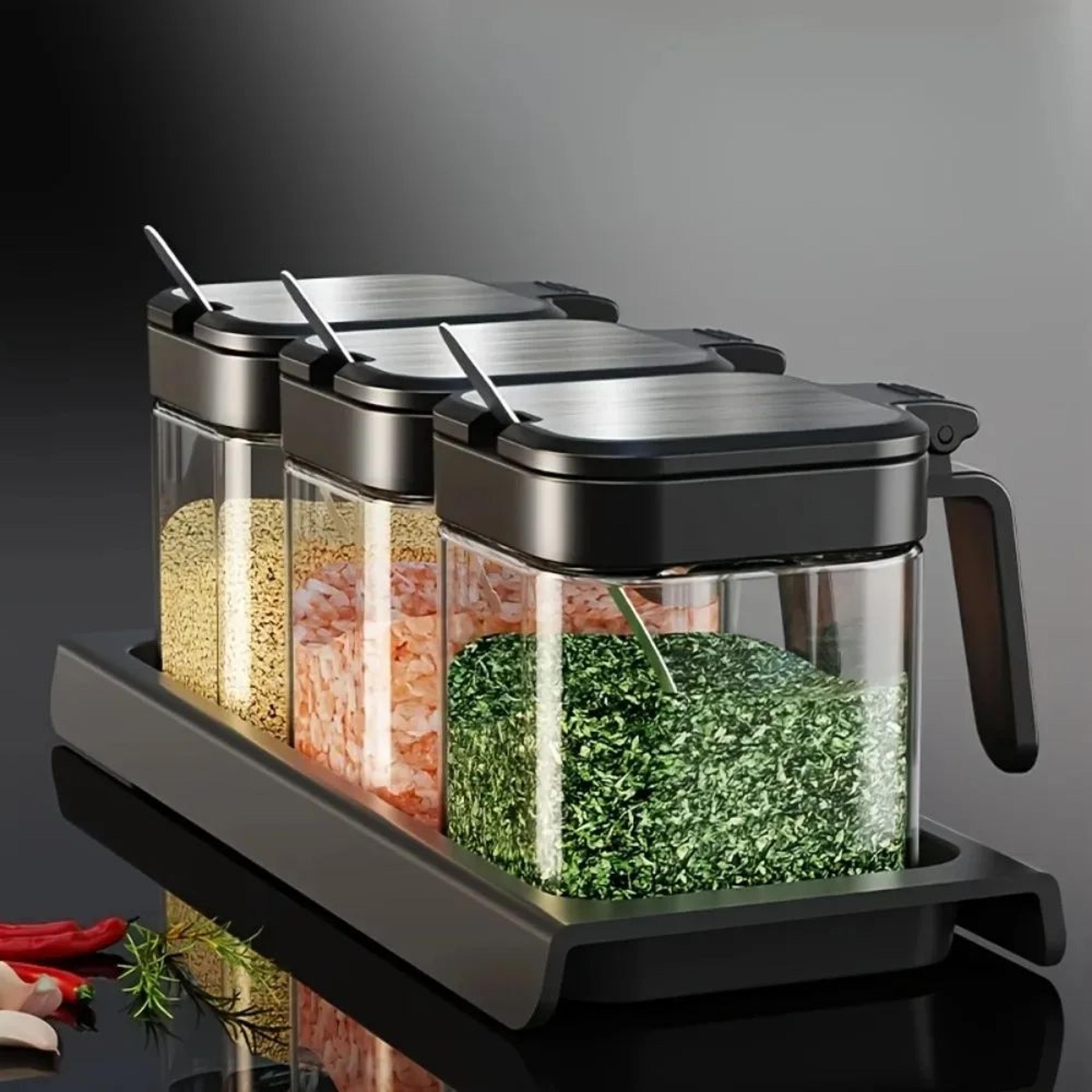3-piece borosilicate glass spice jars with bamboo spoon
