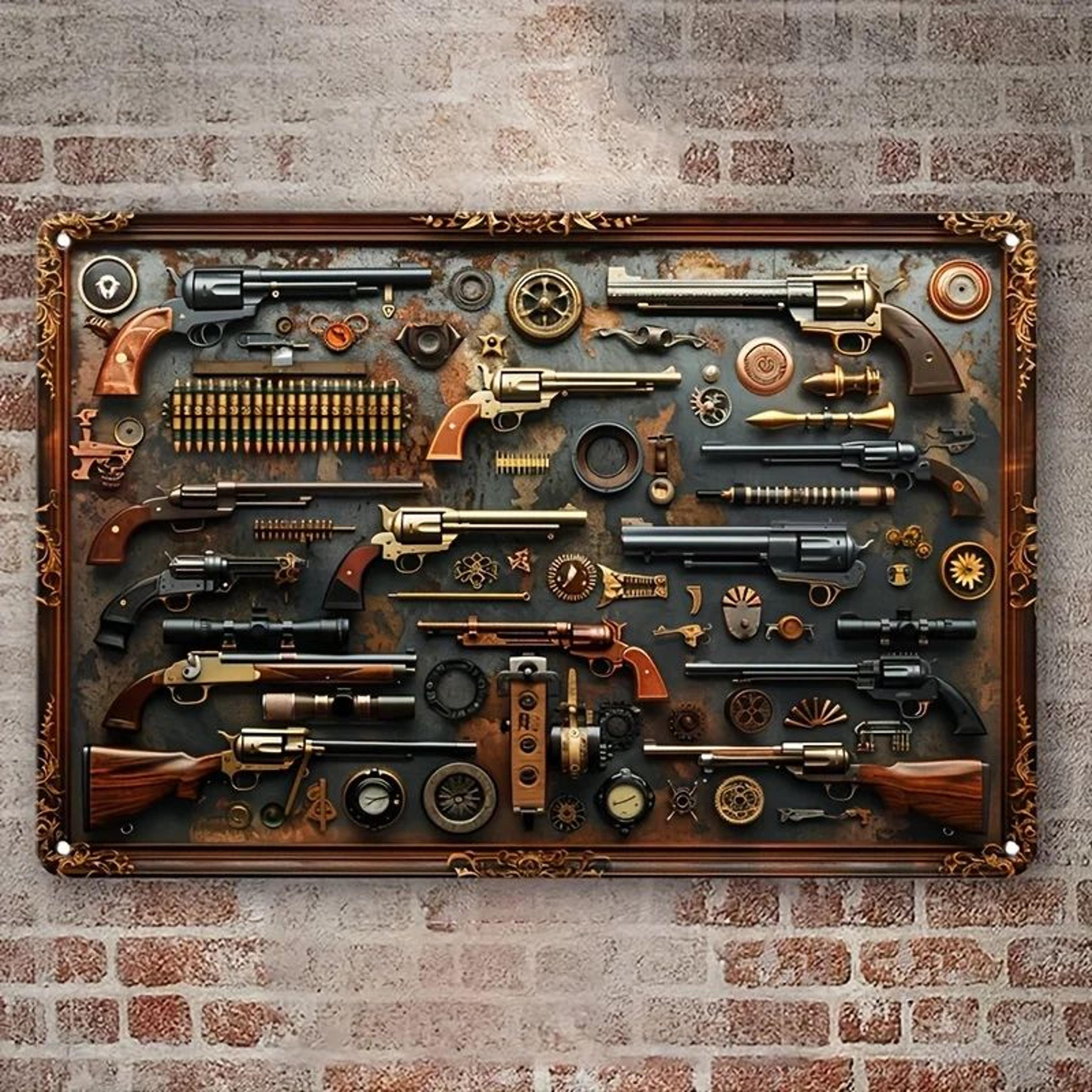 vintage gun-themed metal wall sign