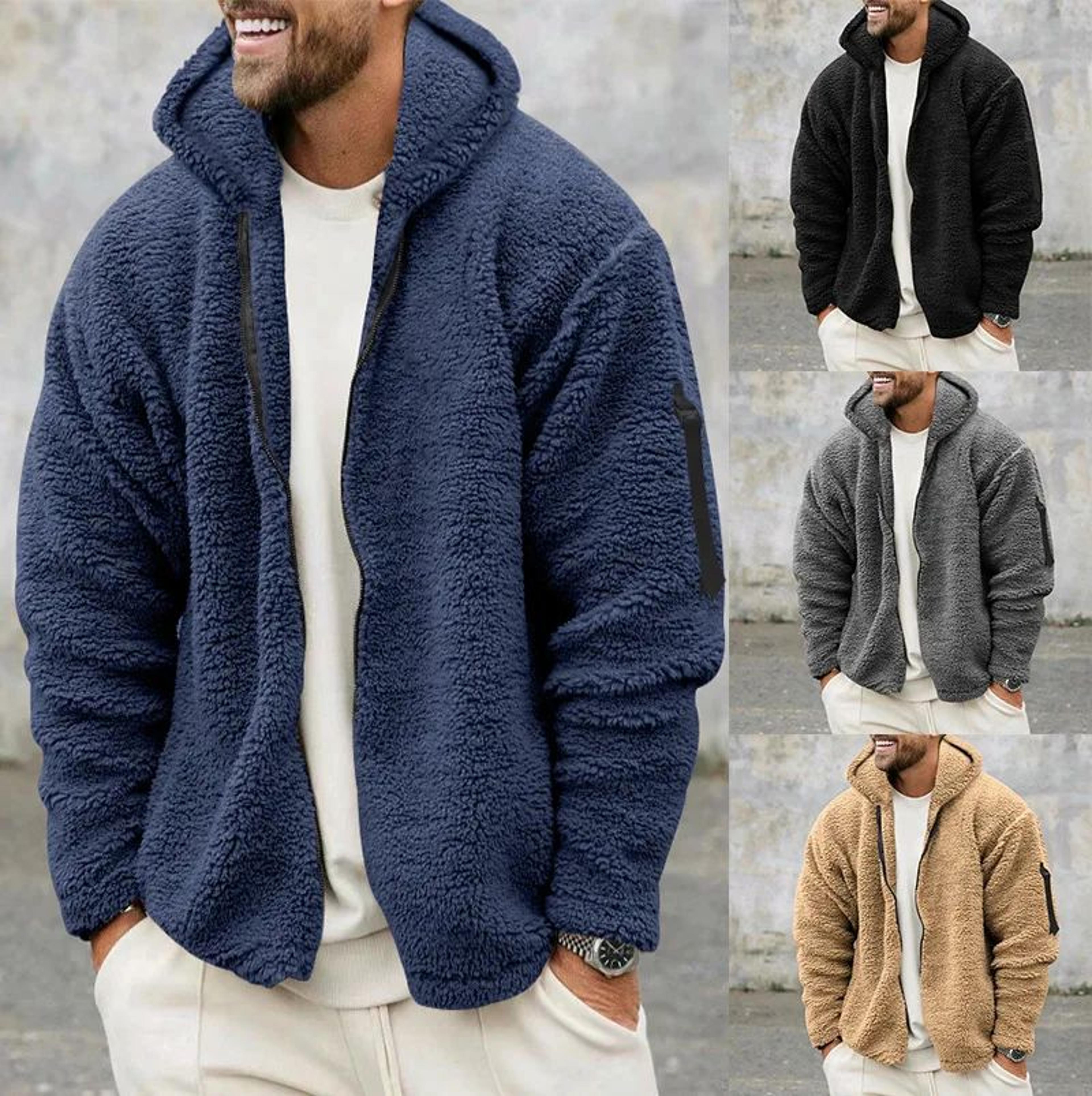 mens double-sided fleece warm hooded jacket