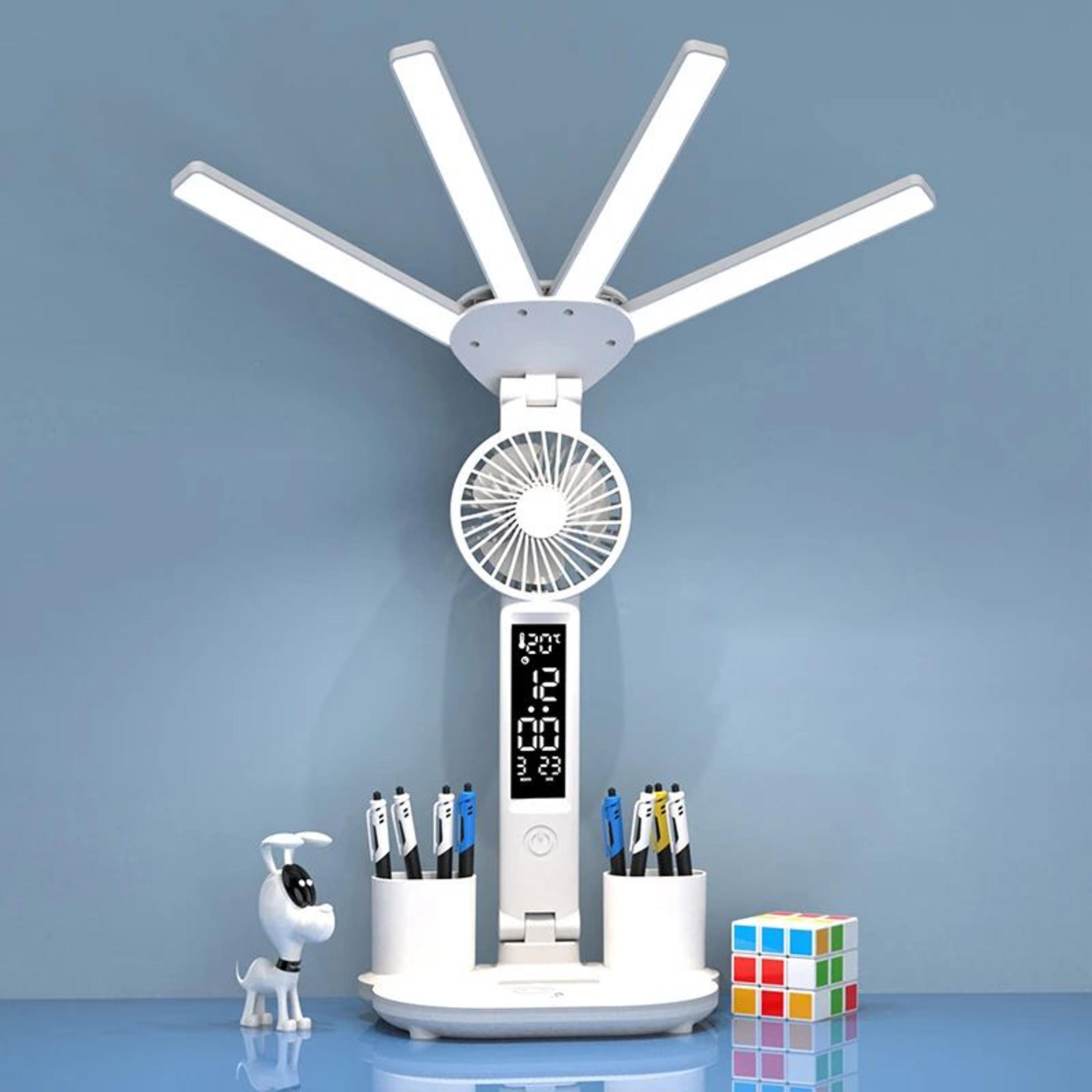 rechargeable led desk lamp with fan and clock display