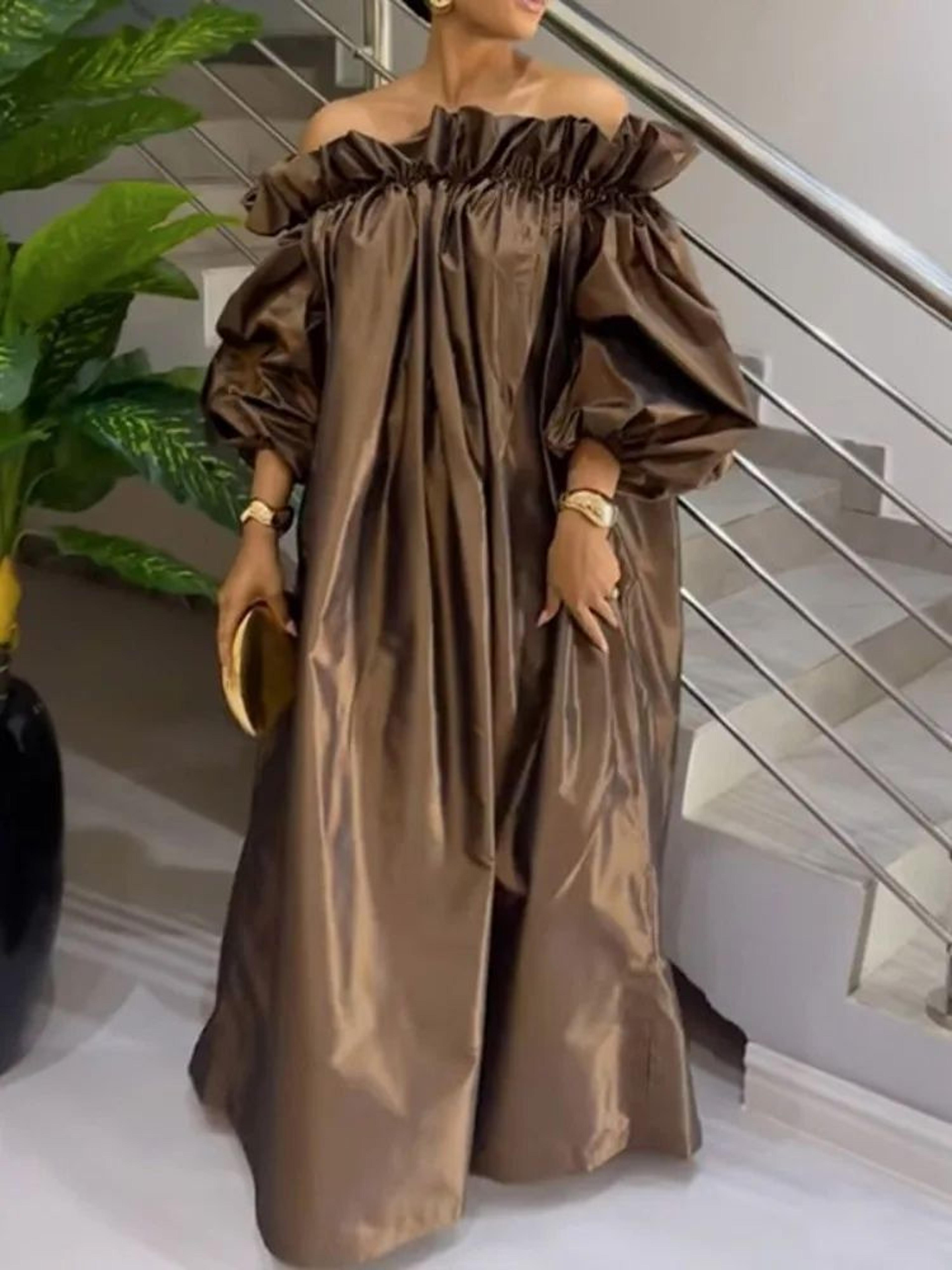 womens off shoulder puff sleeve loose maxi summer dress