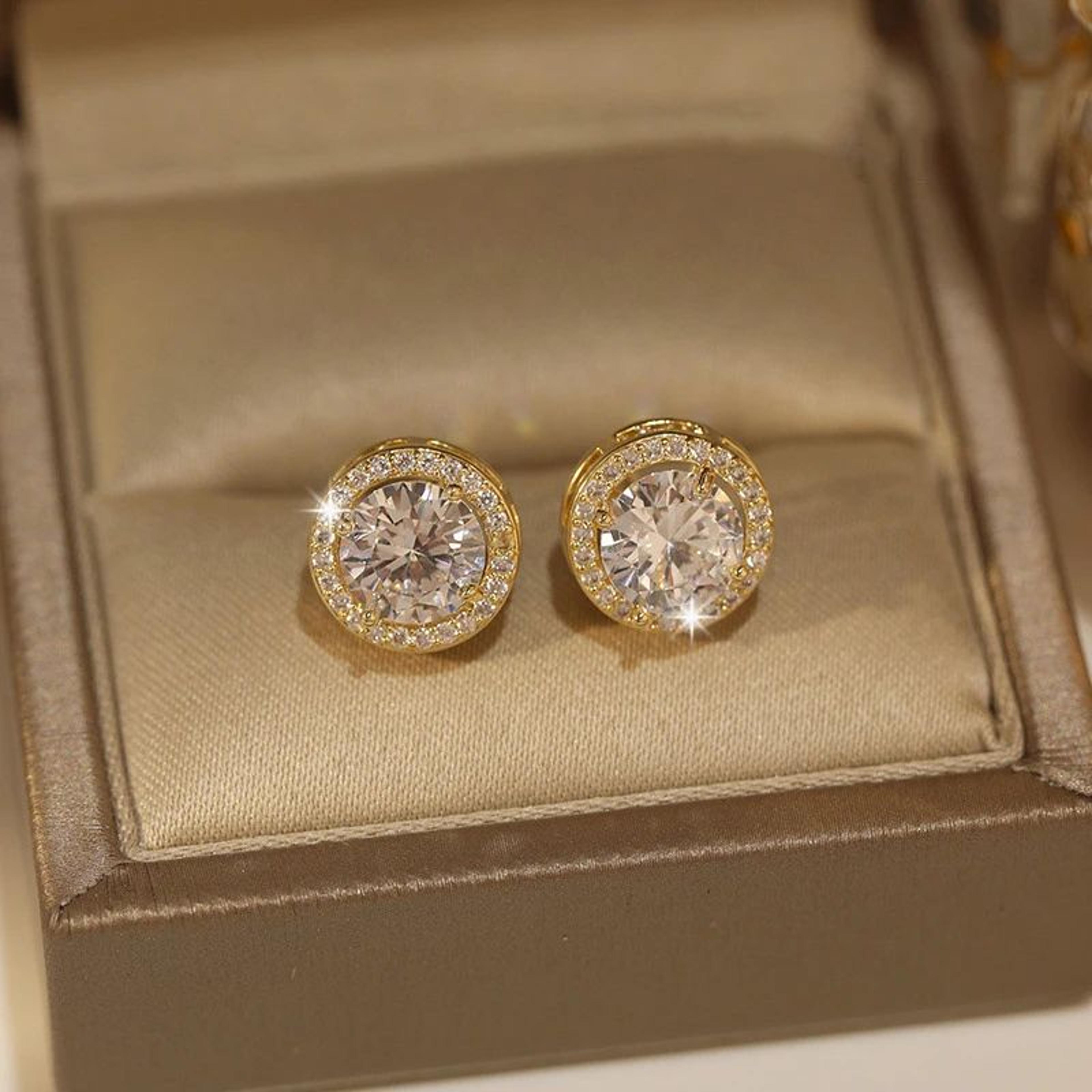 white zircon crystal stud earrings gold color vintage style