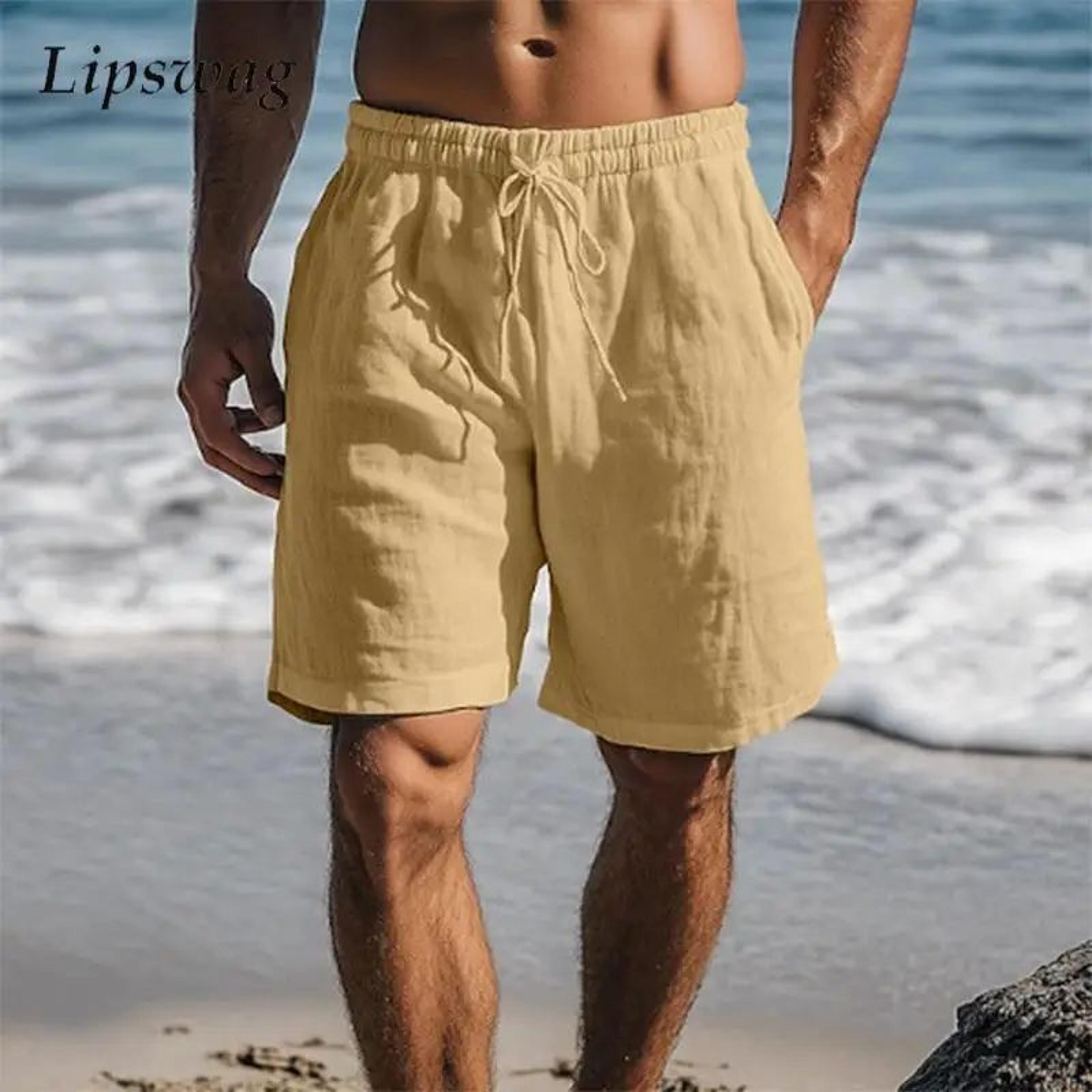 mens vintage linen drawstring casual summer shorts