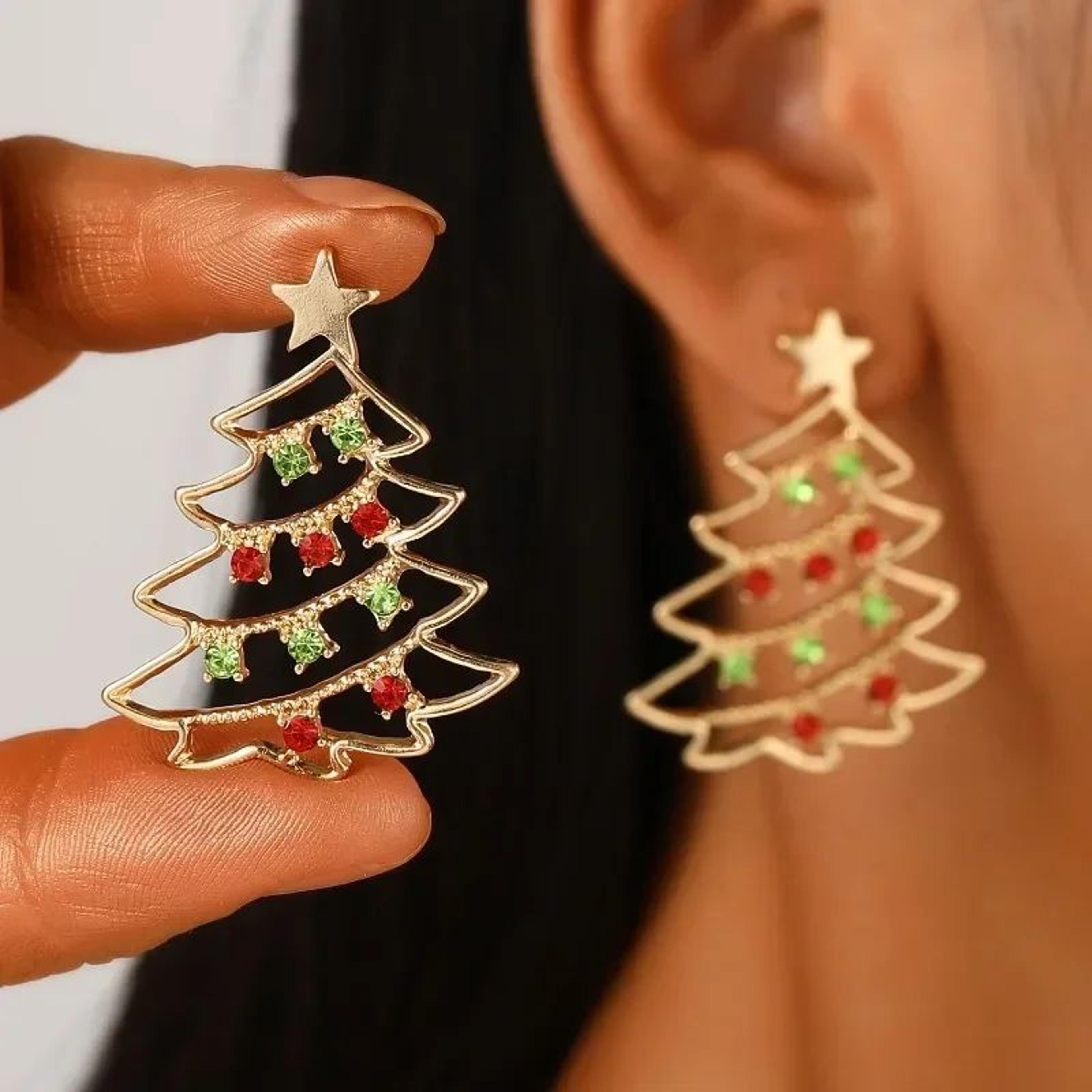 colorful zircon christmas tree earrings for women