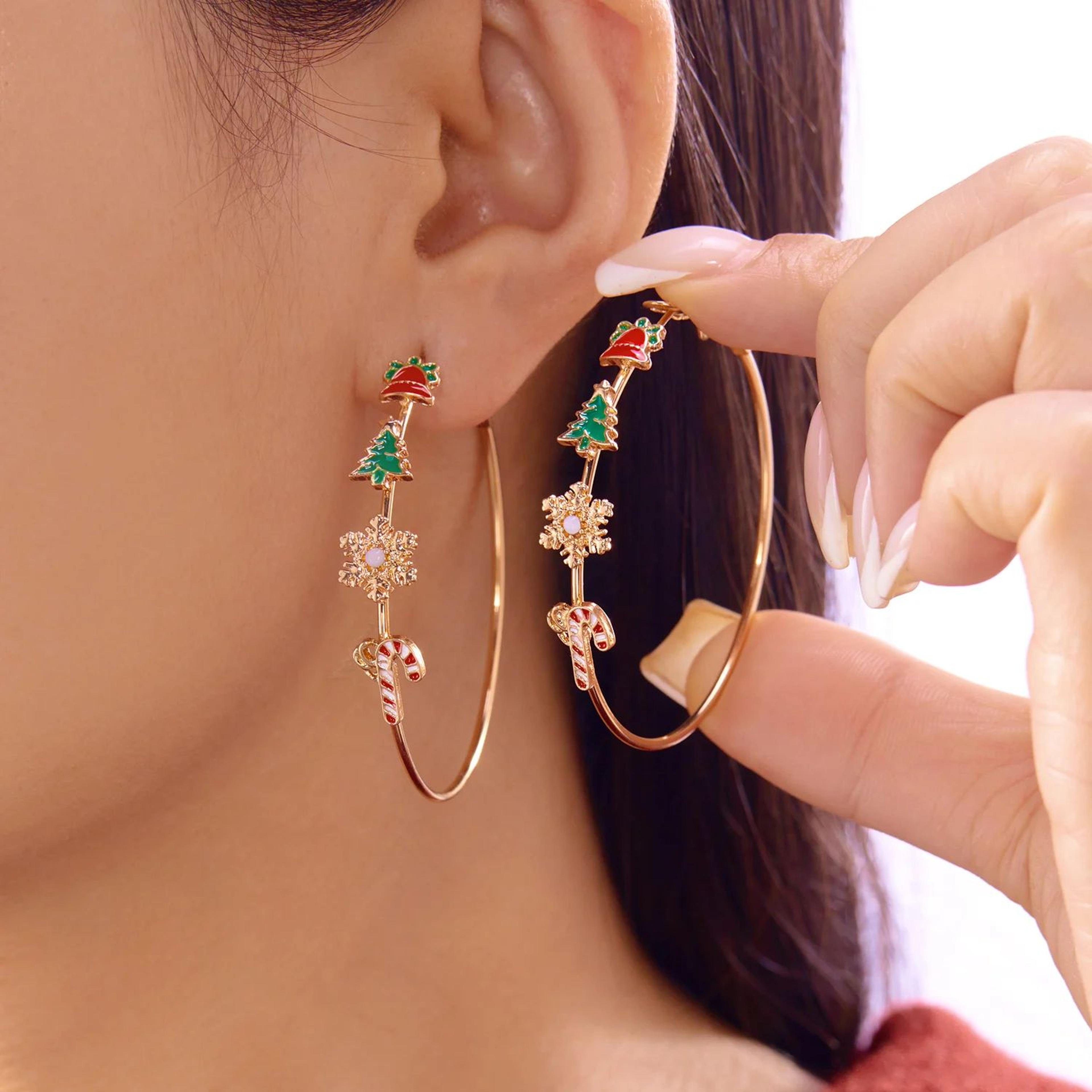 enamel christmas tree snowflake candy cane hoop earrings