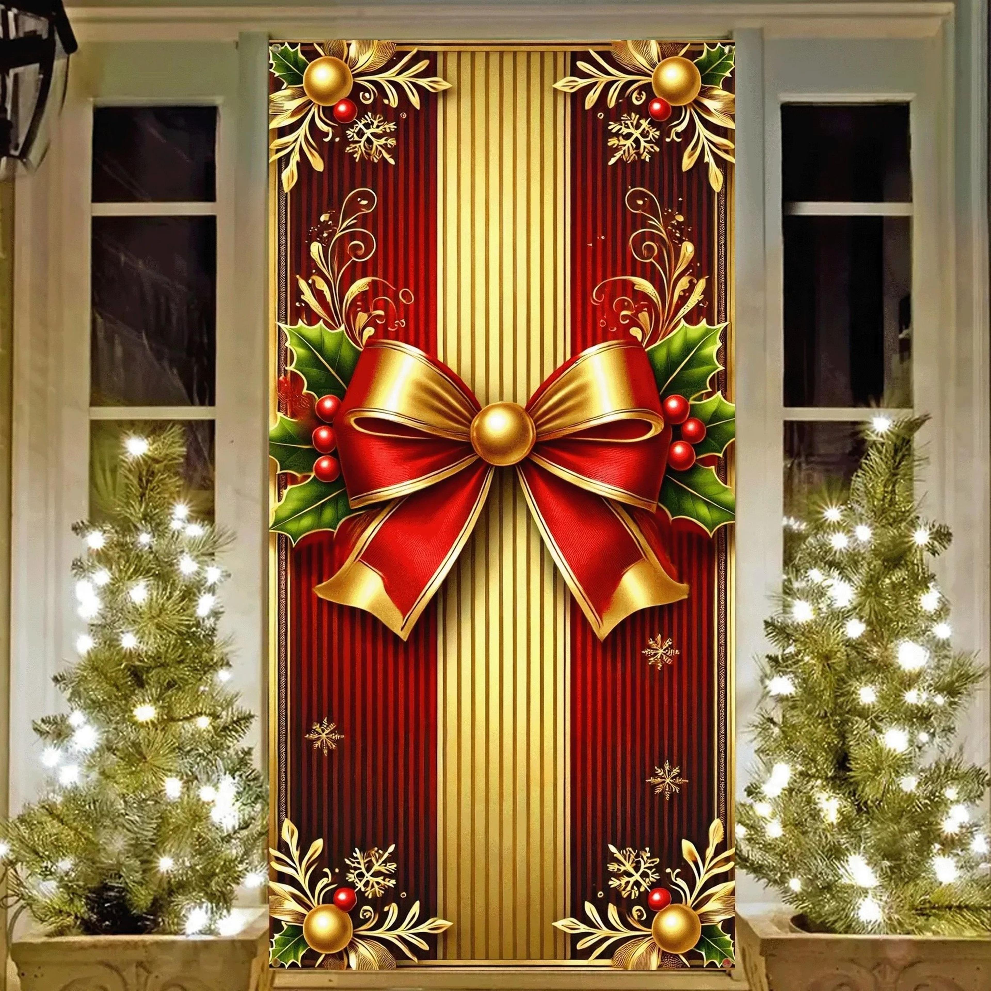 red gold christmas door cover banner with bows decor
