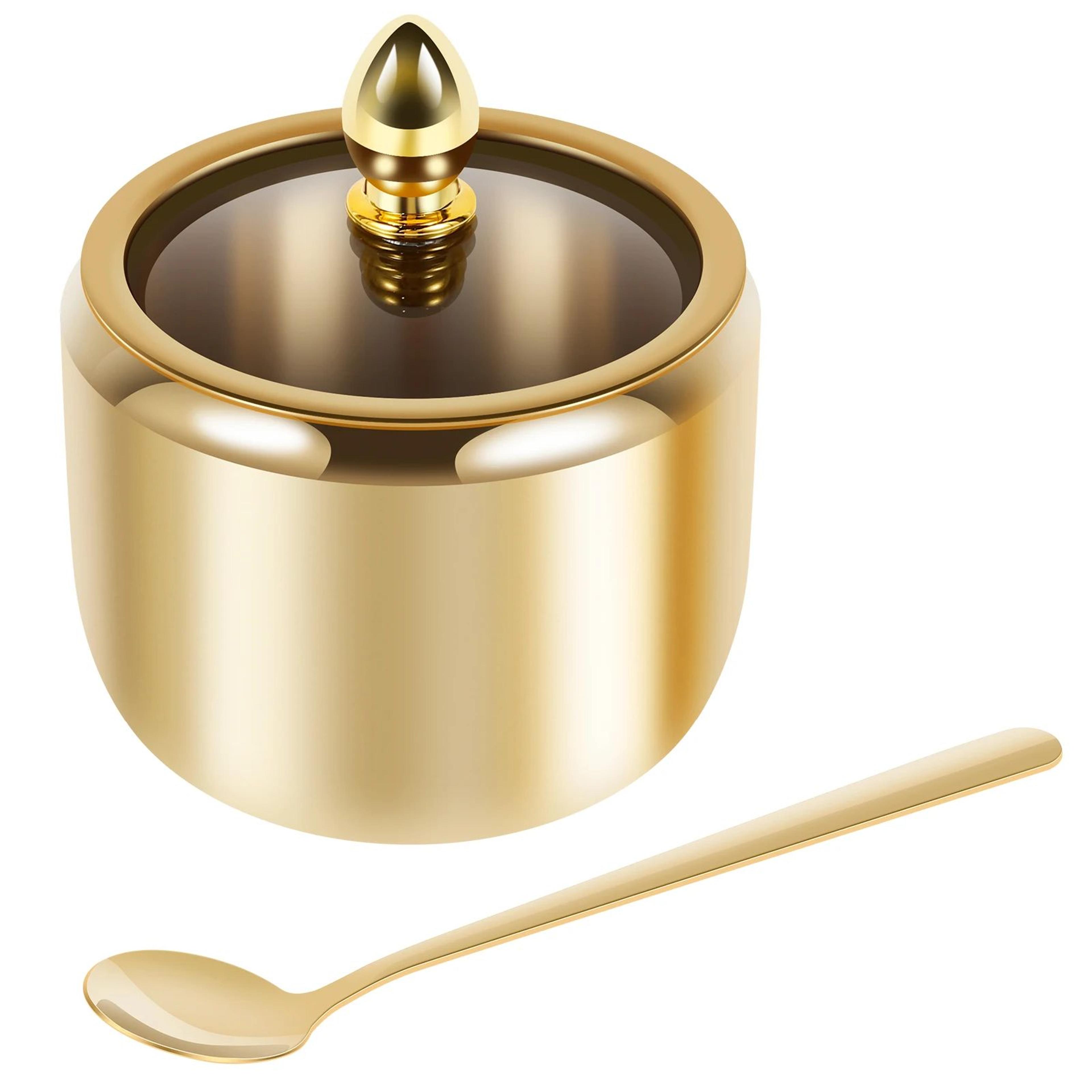 stainless steel sugar jar with glass lid and spoon