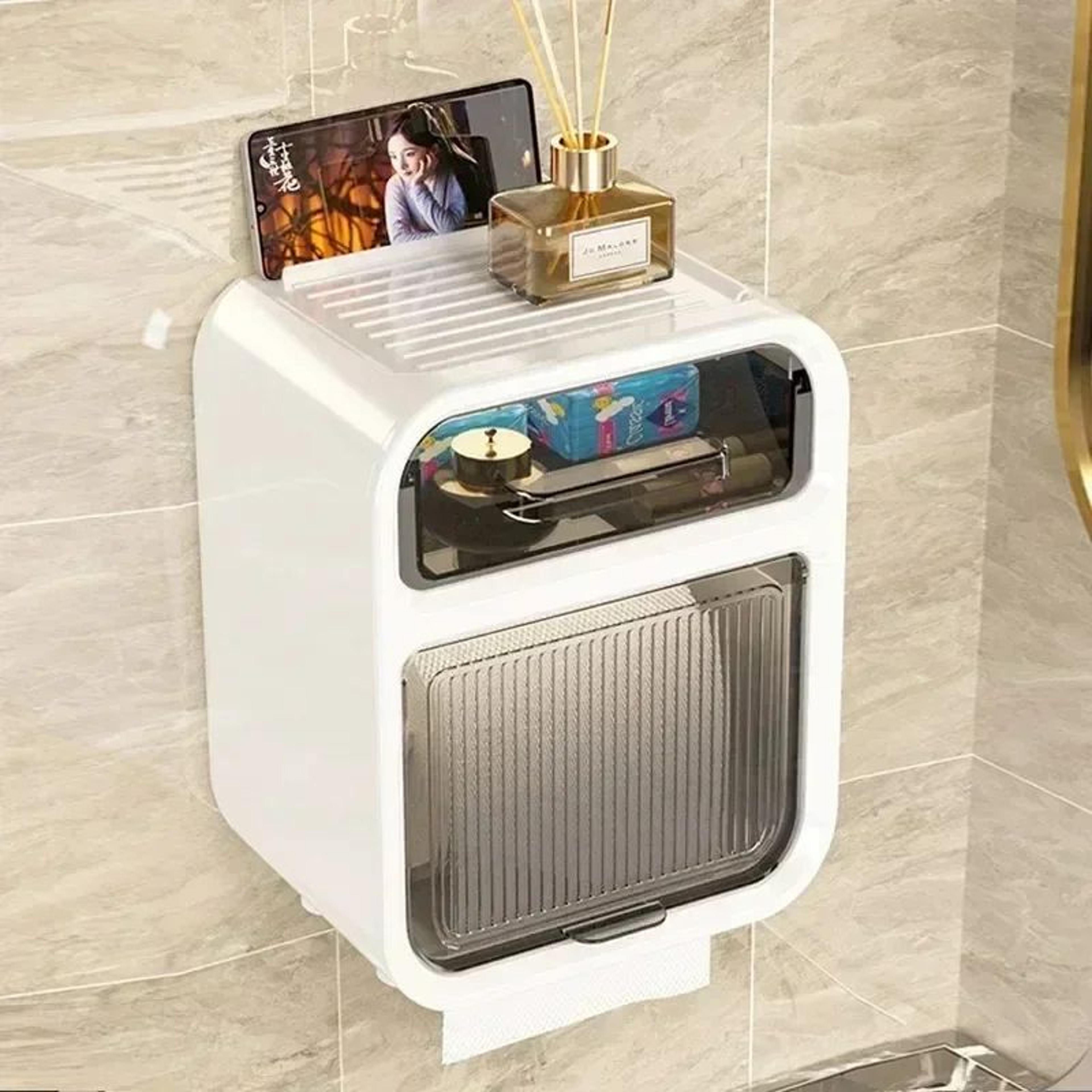 wall mounted toilet tissue holder with storage rack