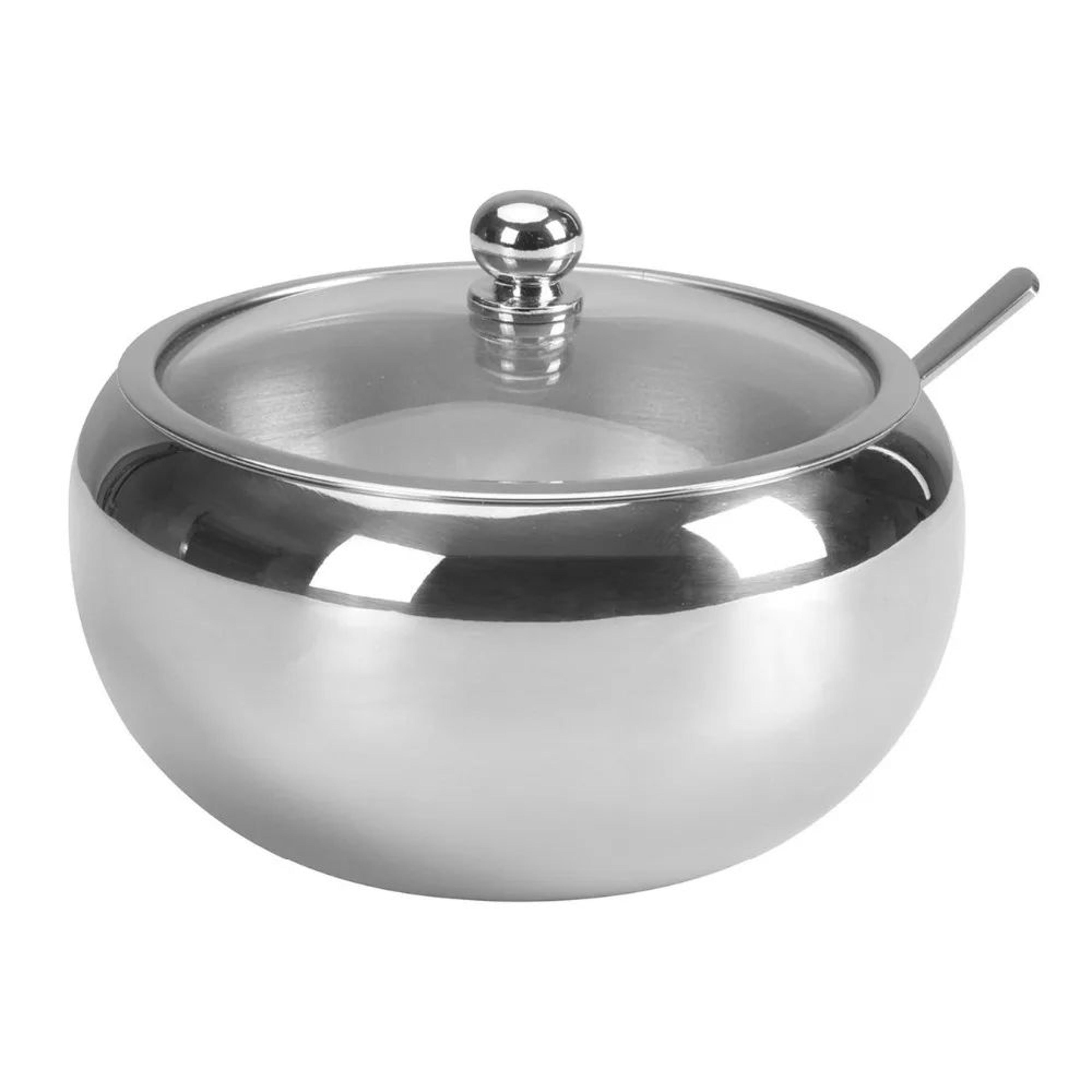 large stainless steel sugar bowl with lid and spoon