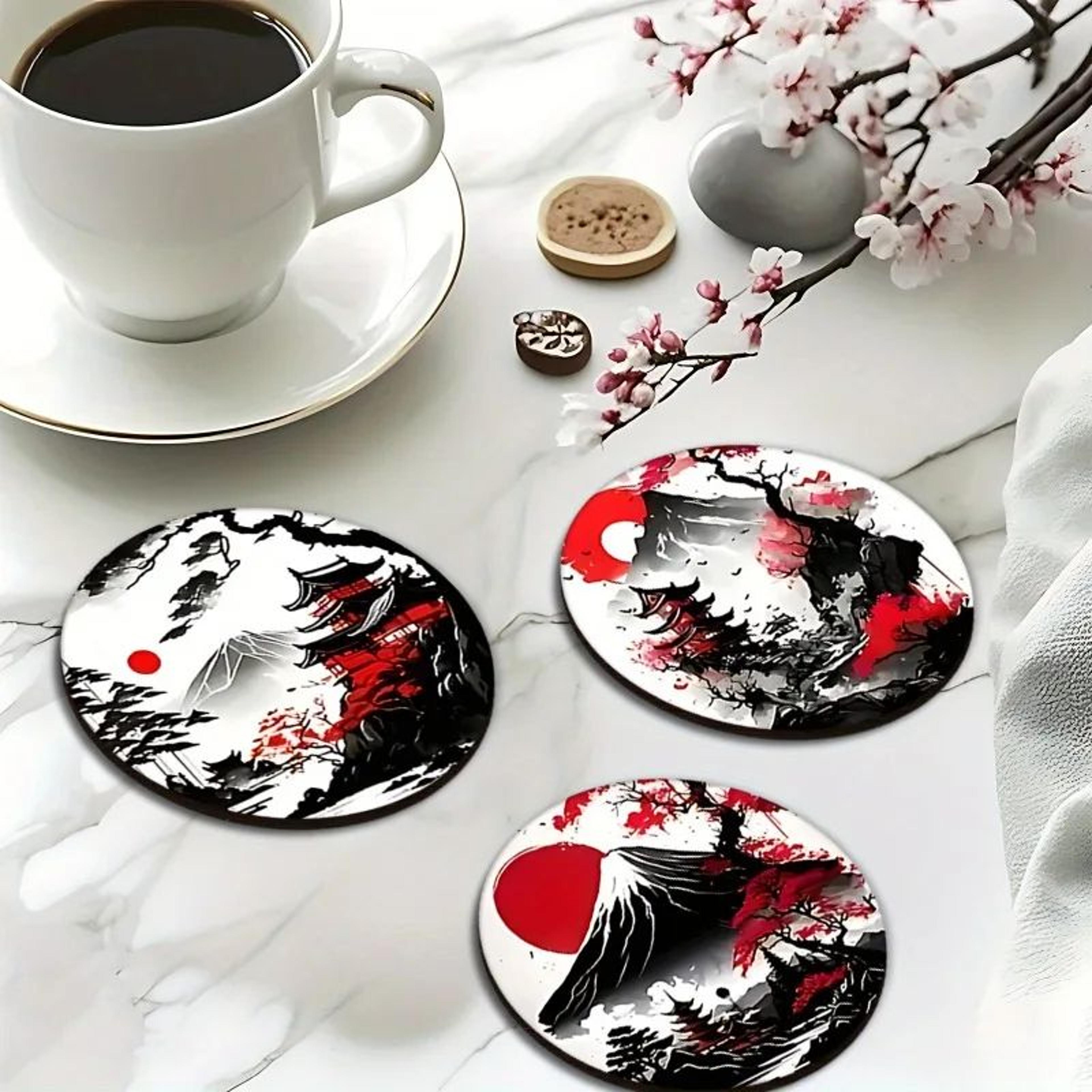 japanese landscape wooden coaster set