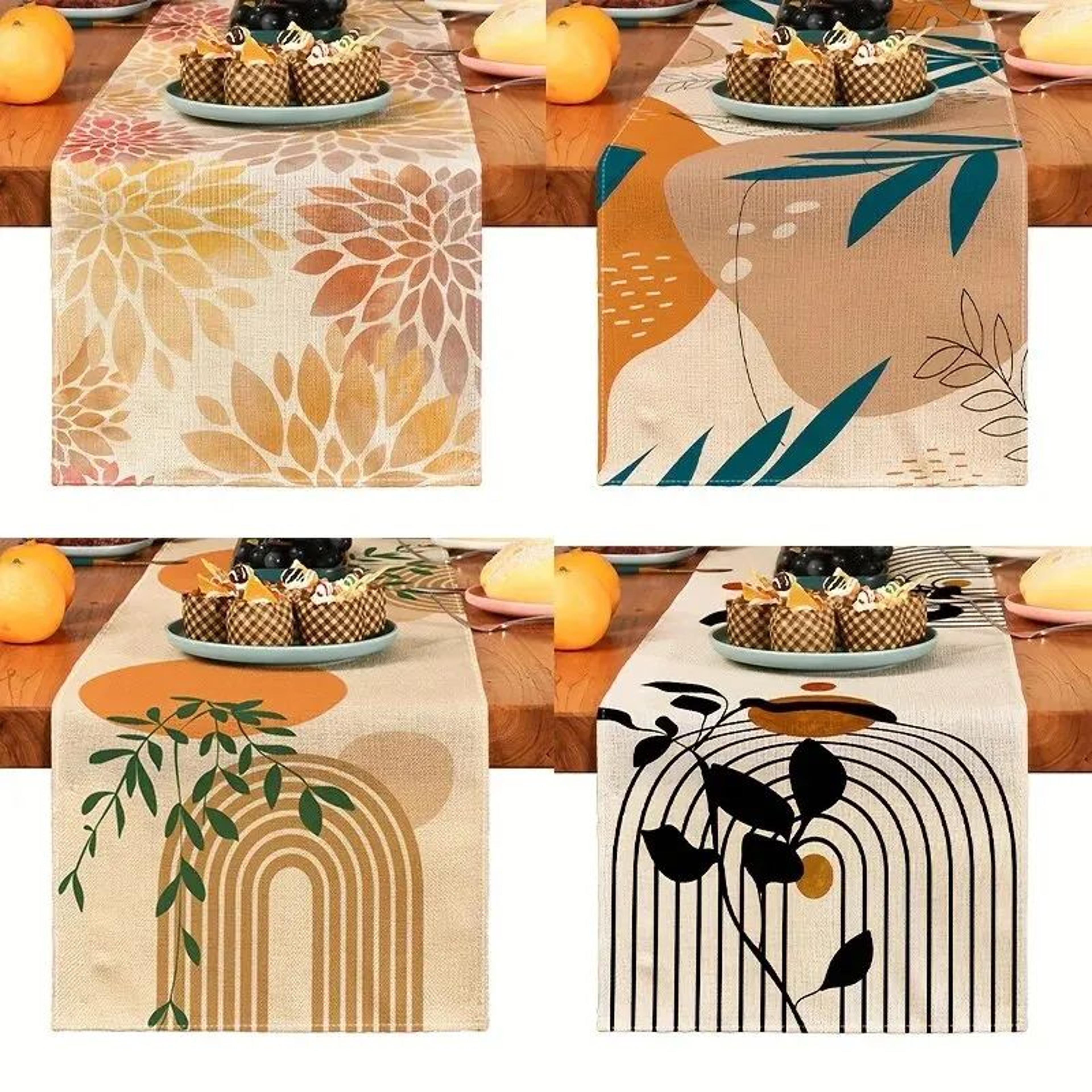 bohemian plant linen table runner decor