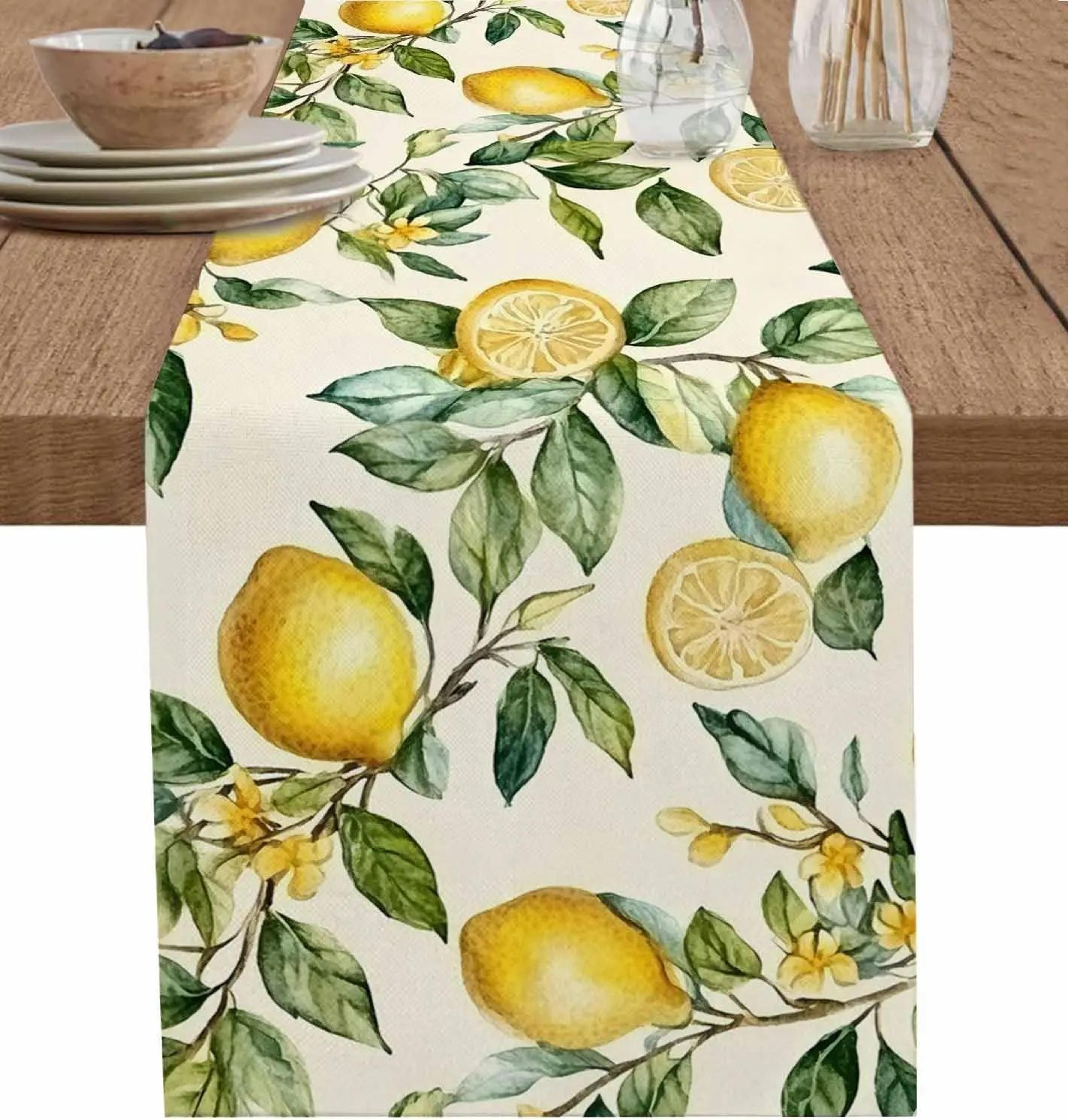 watercolor lemon linen table runner