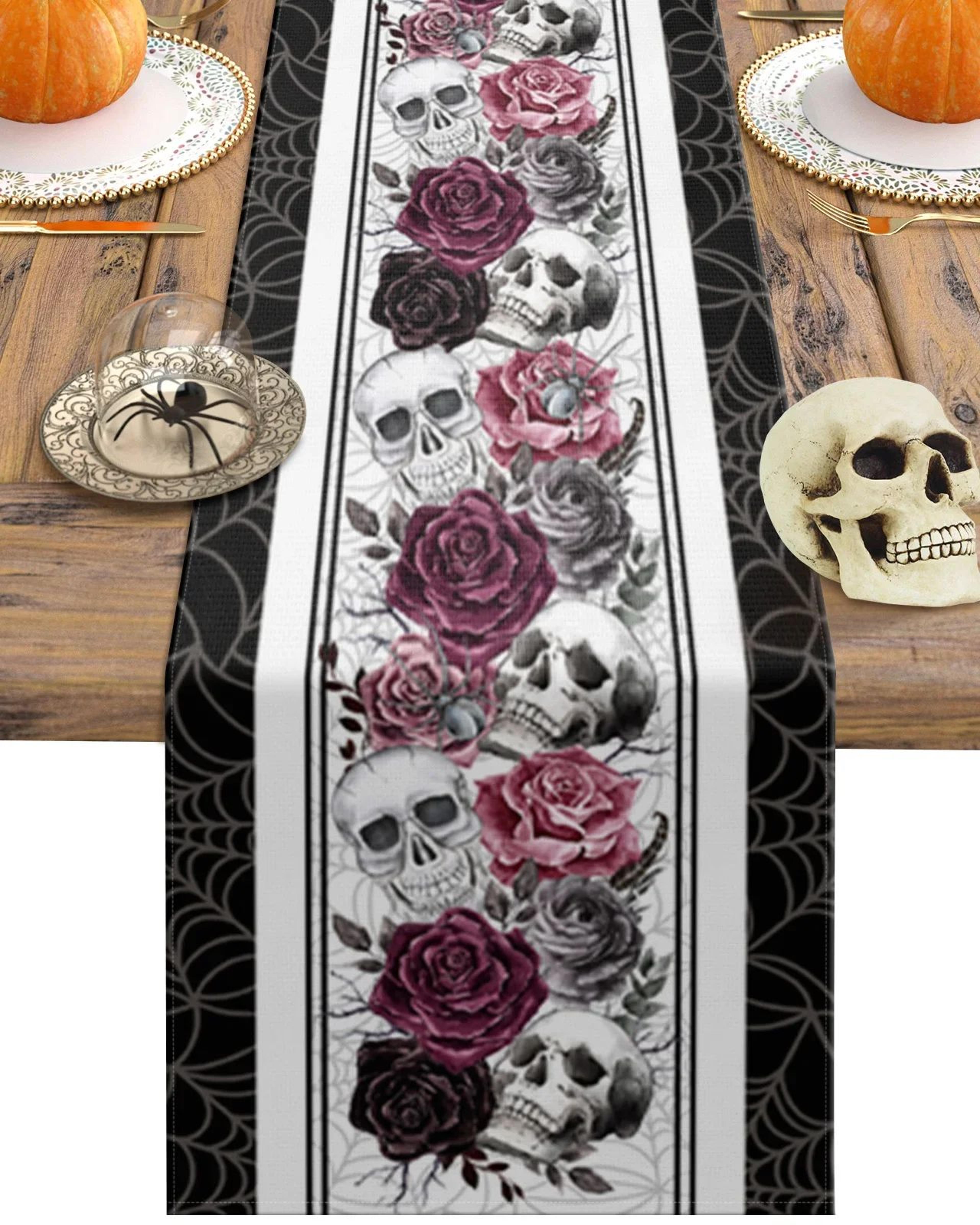 halloween skull crow linen table runner