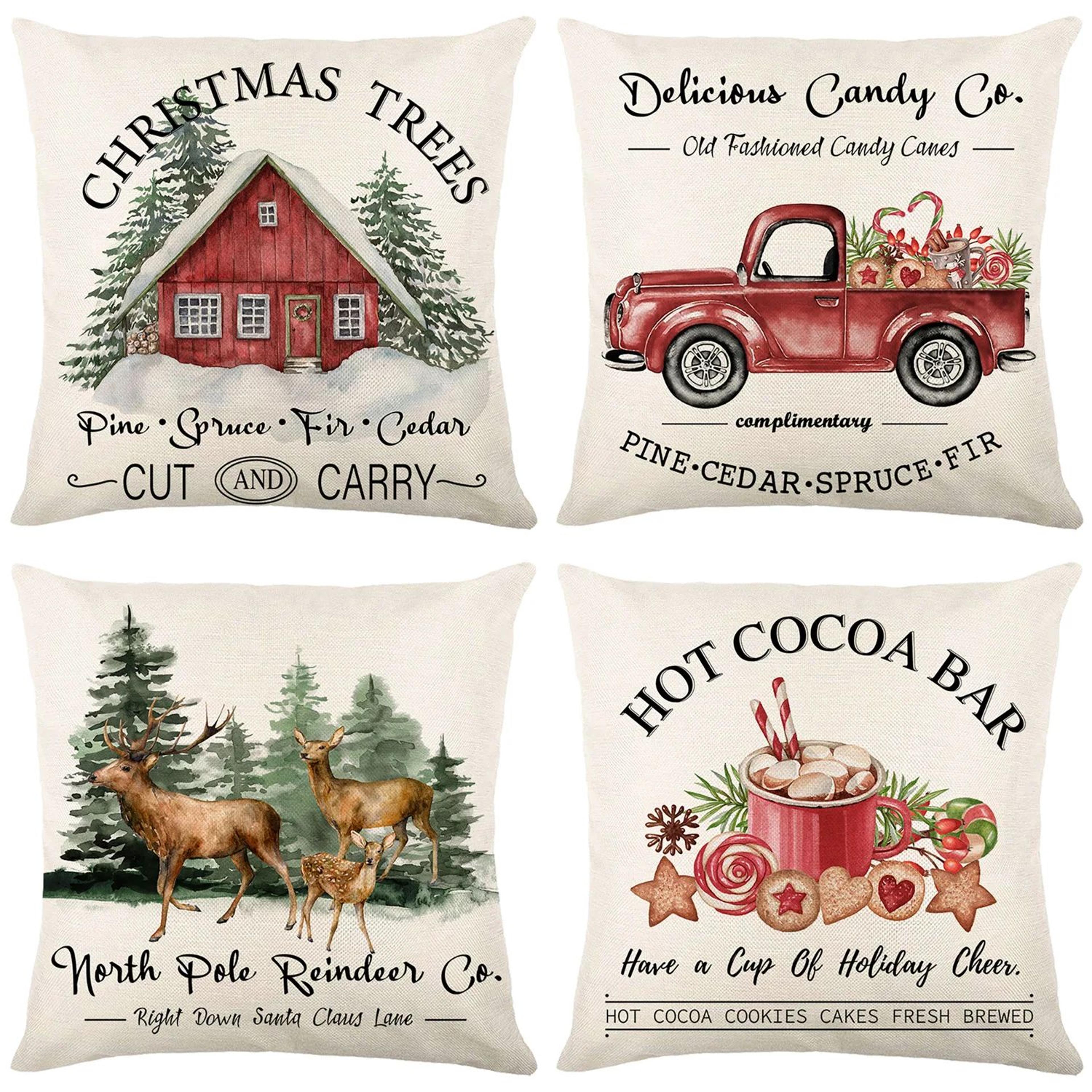 merry christmas linen pillow cover with deer and tree design