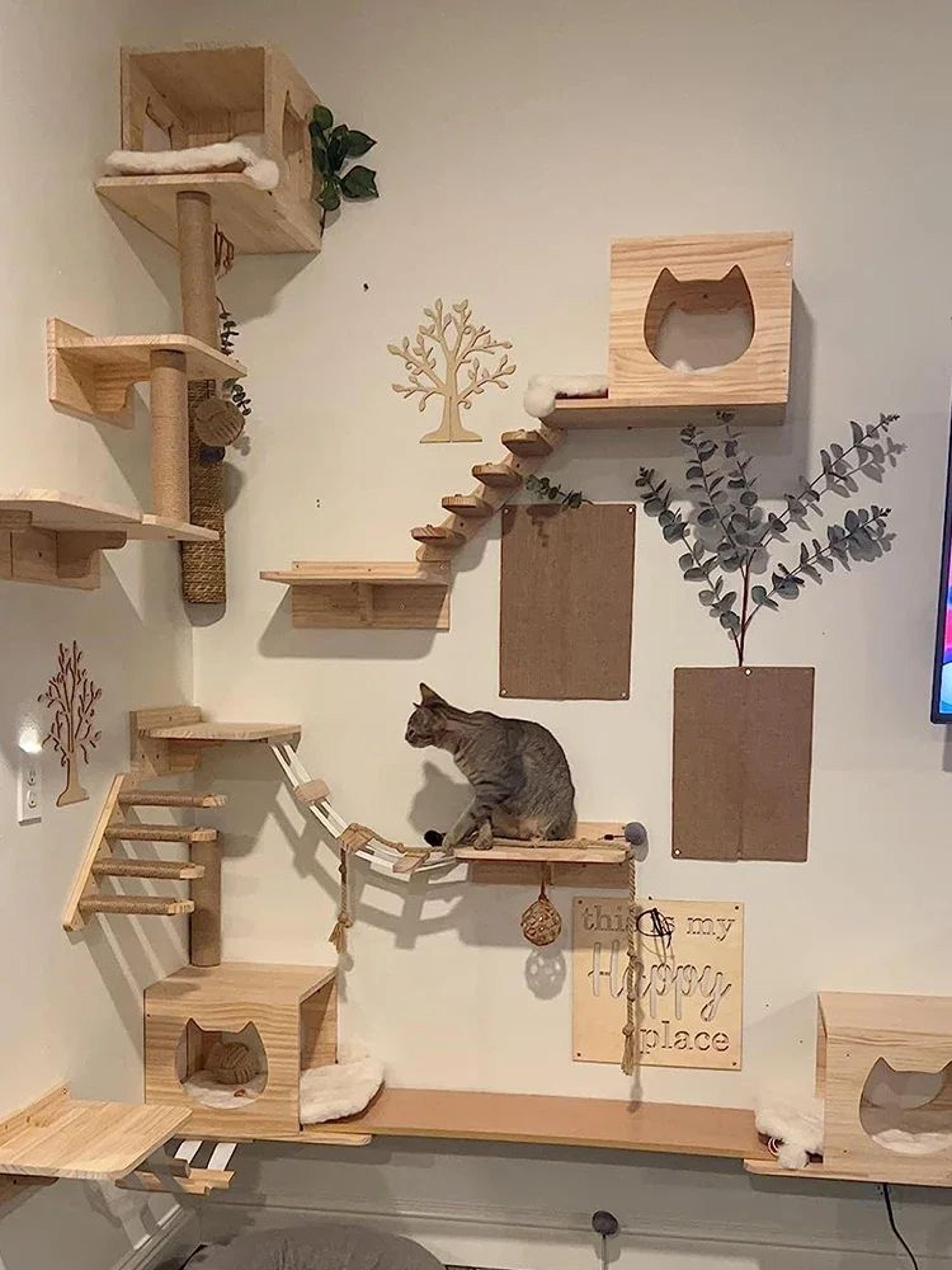 wall mounted cat climbing shelf with sisal scratching post