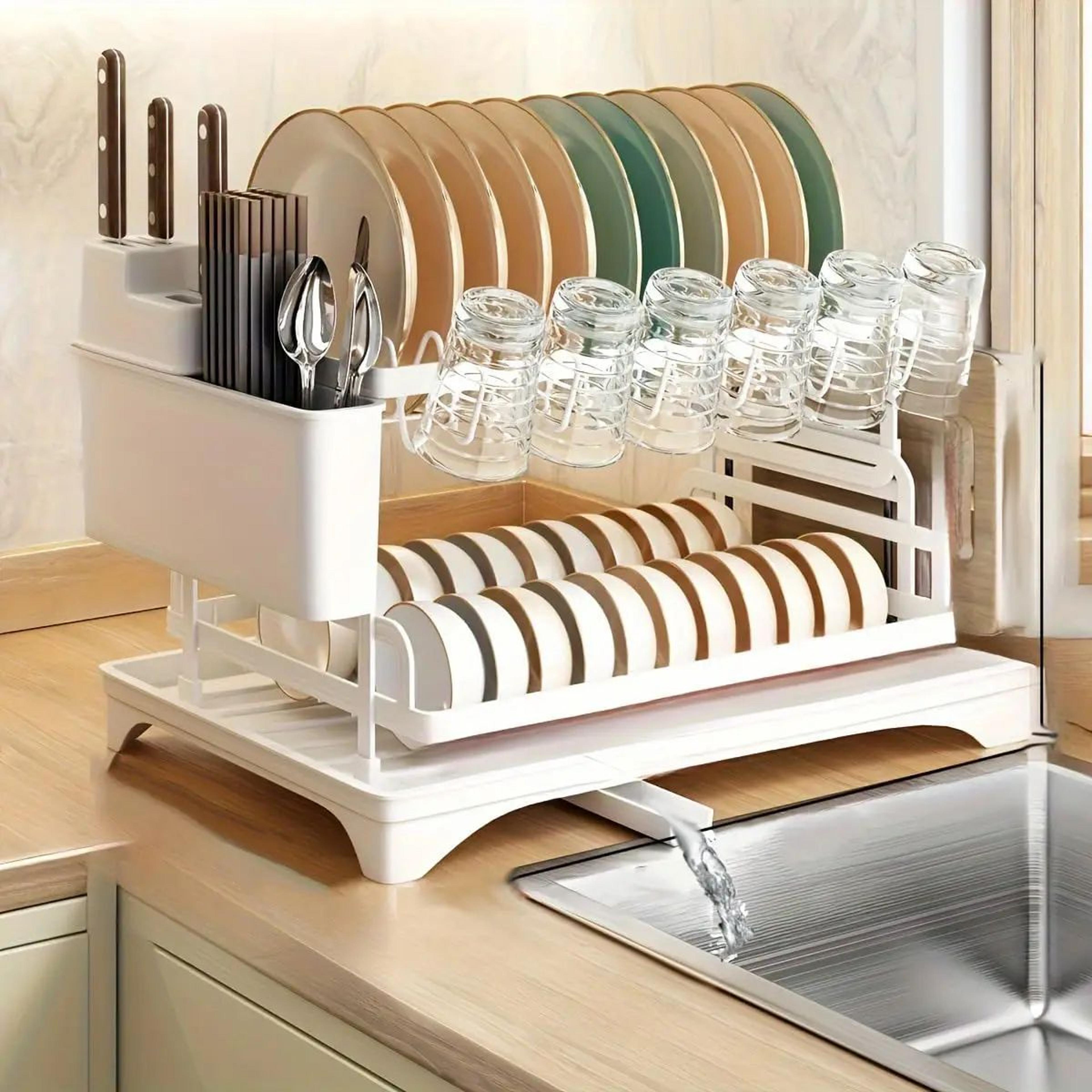 2 tier dish drying rack with drainboard for kitchen counter