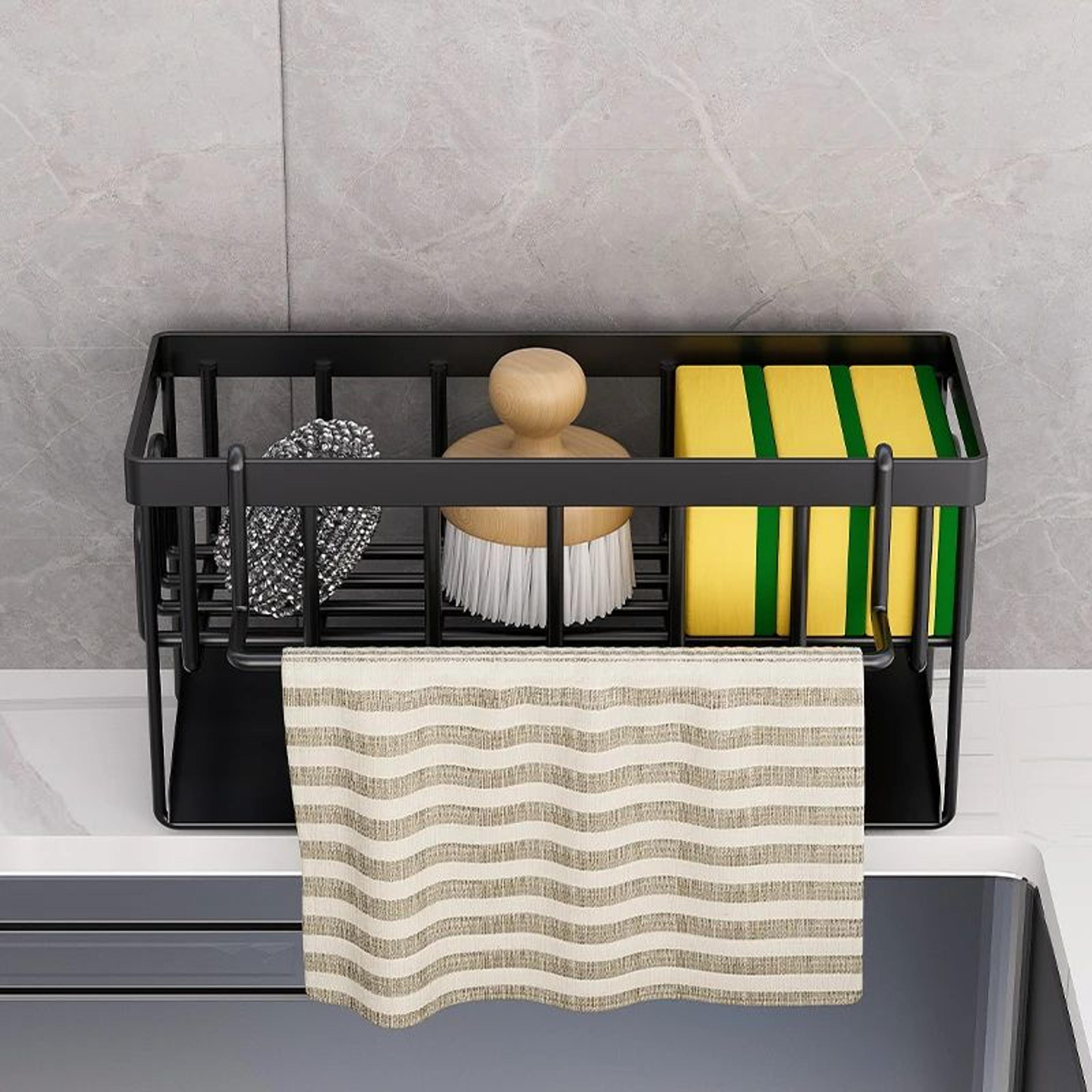 self draining metal sink organizer with towel rack