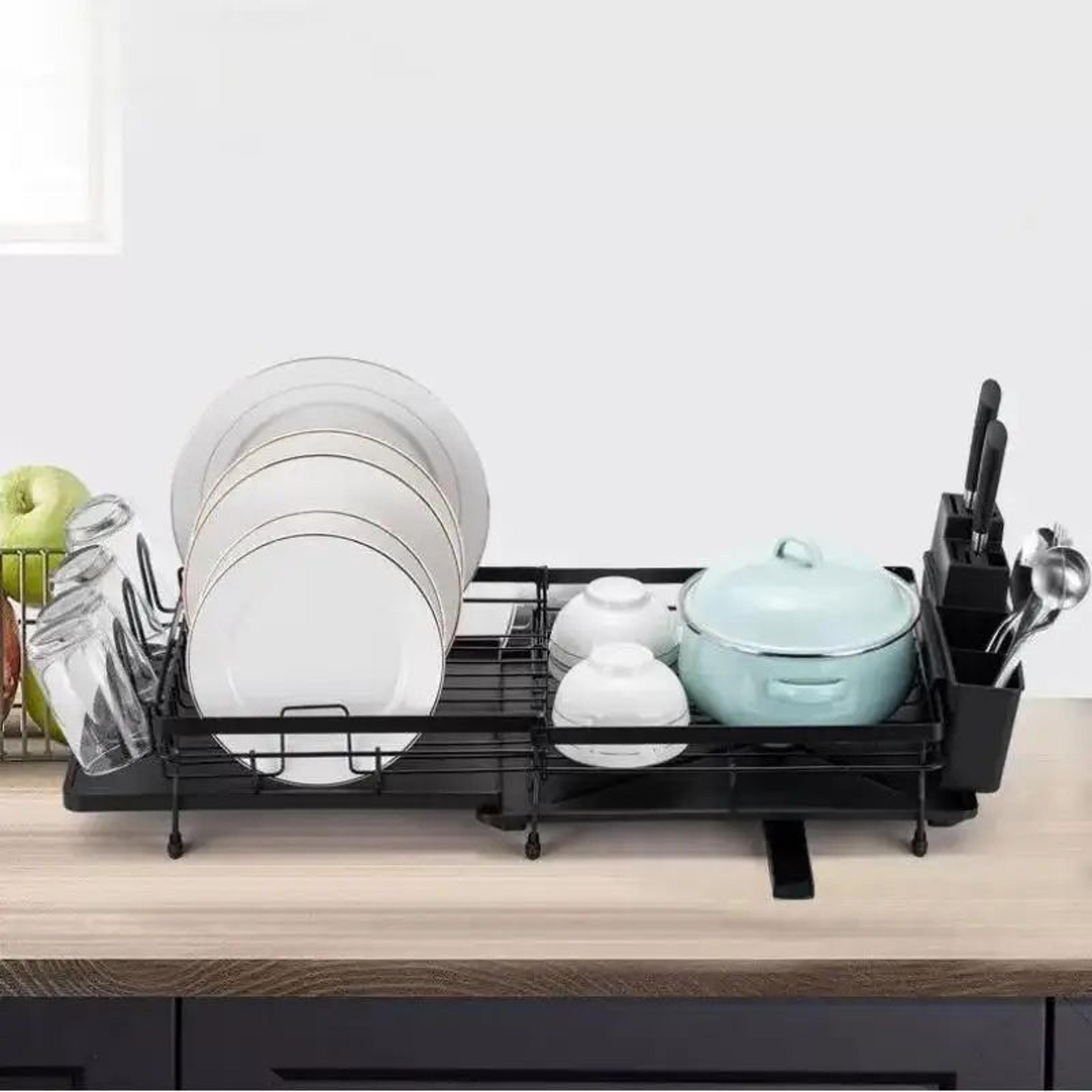 expandable dish drying rack with drainboard and utensil holder