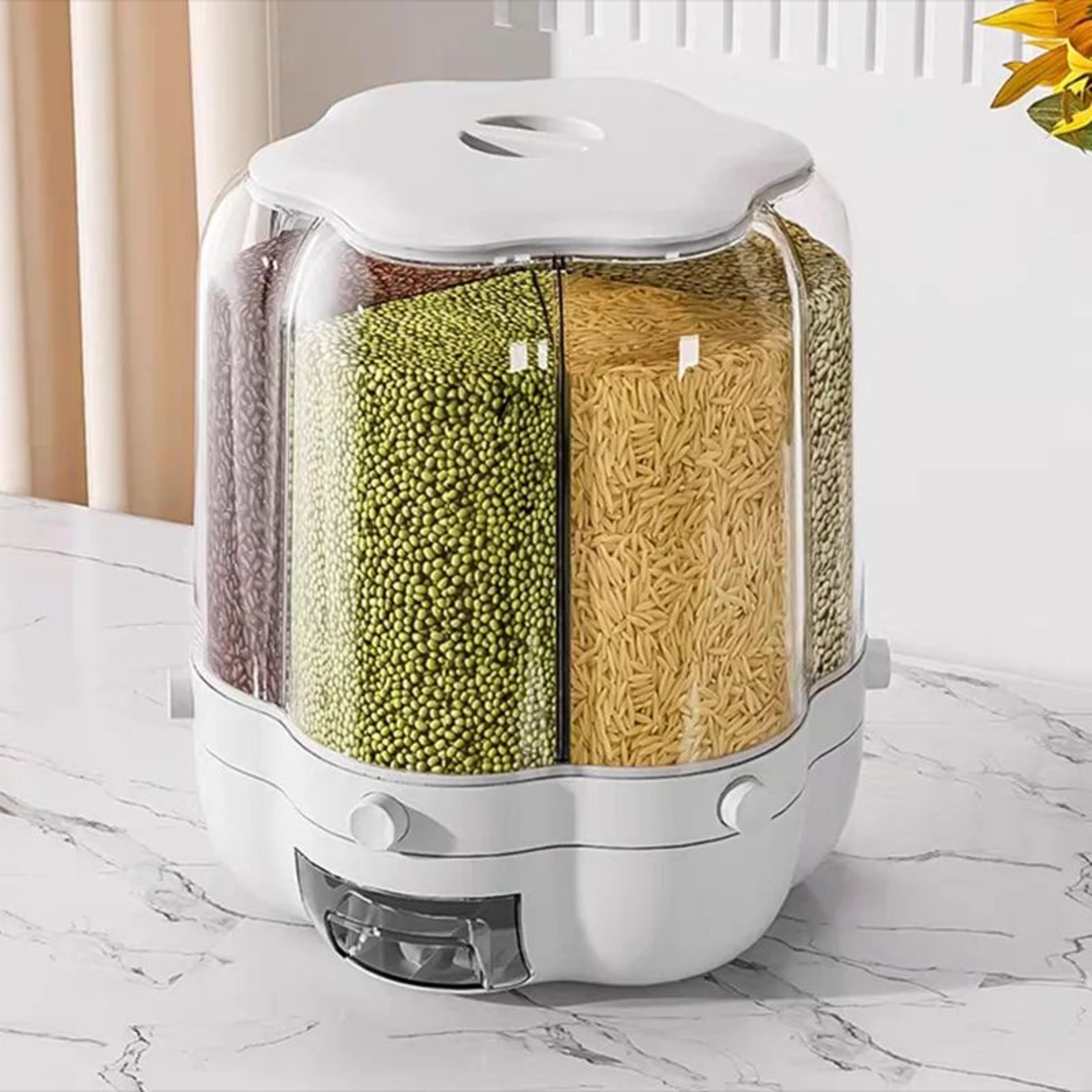 rotating grain storage container with lid and food dispenser