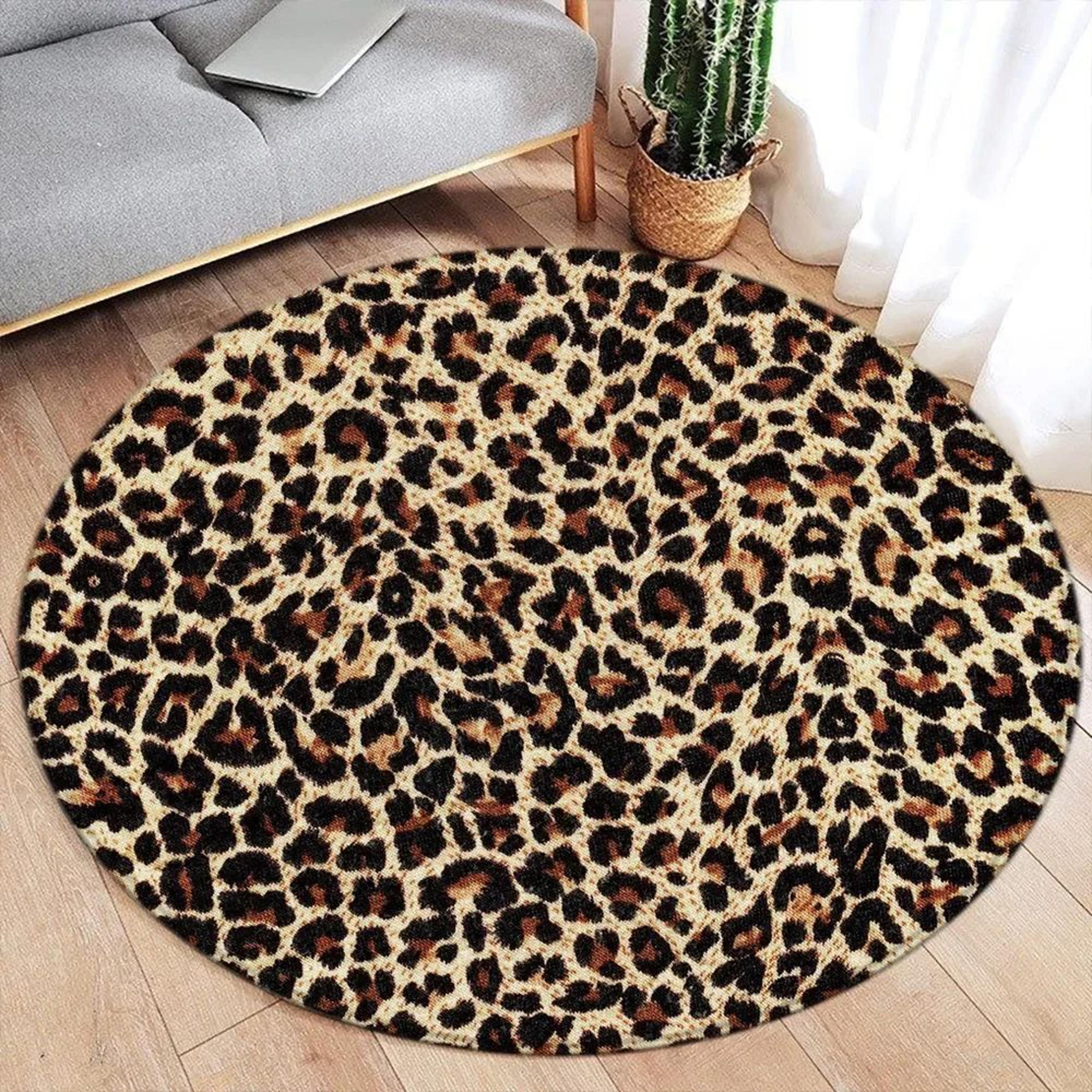 brown leopard print round flannel area rug