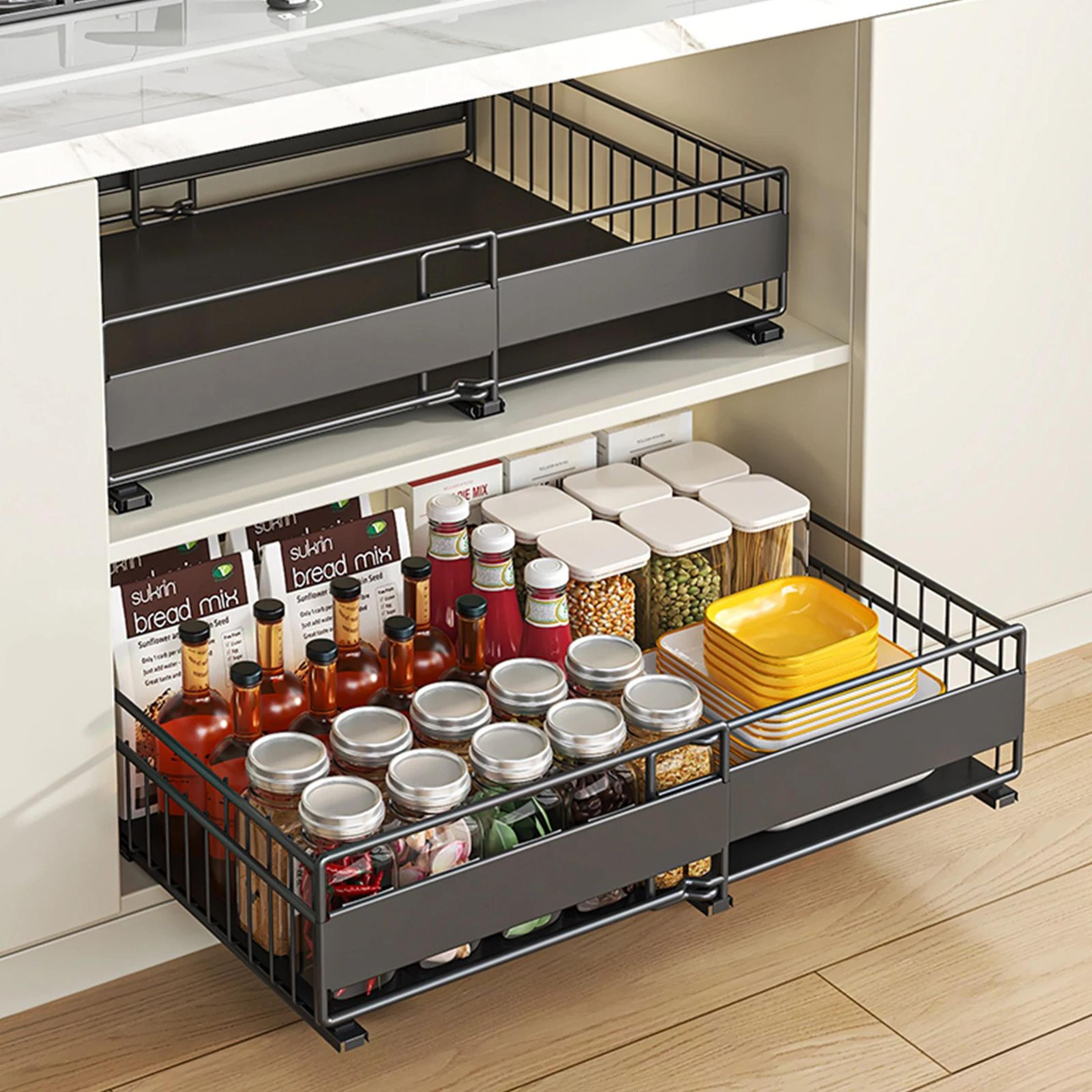 retractable pull out under sink storage rack