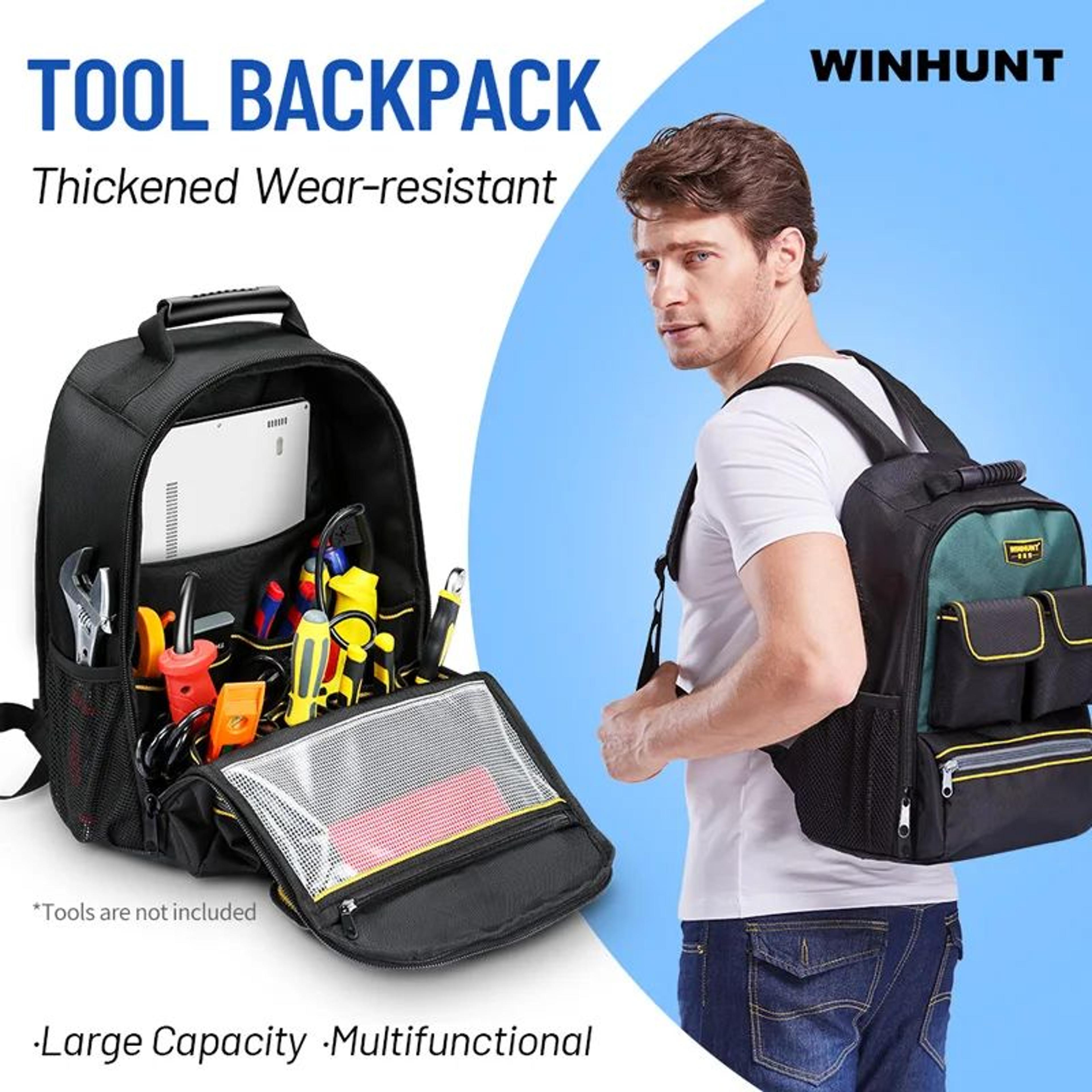 heavy duty tool backpack with multi tool pouch